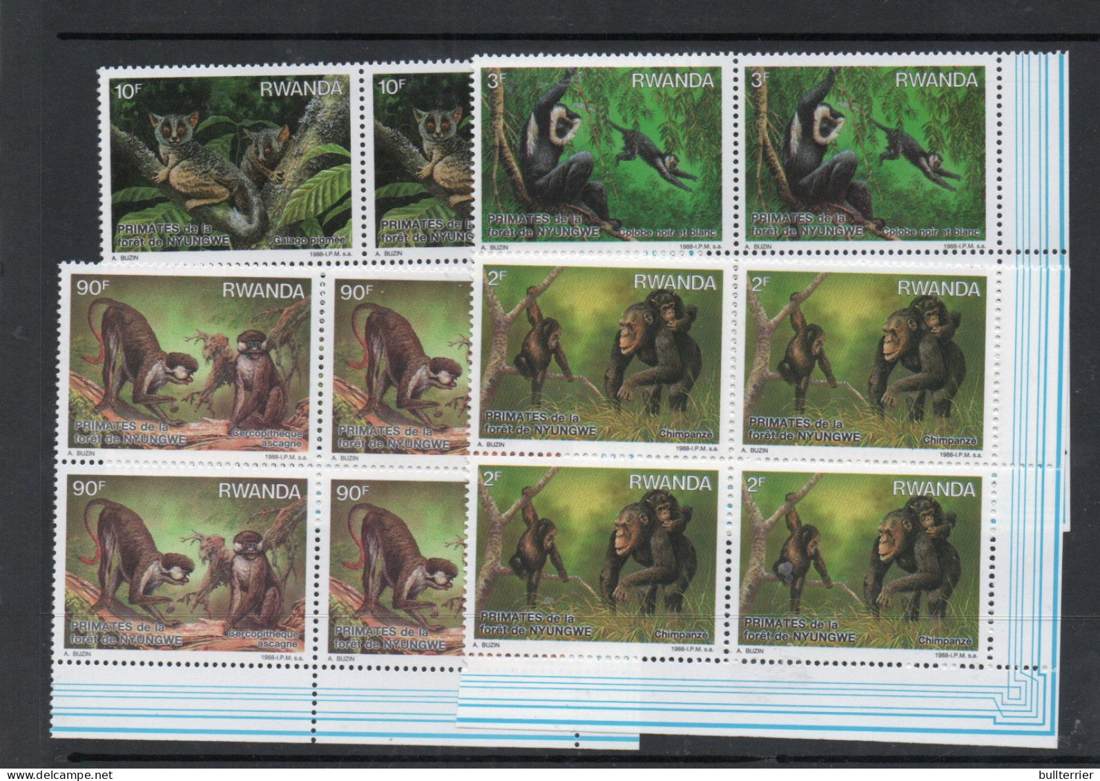 WILDLIFE - RWANDA - 1988- NYUNGWE FOREST PRIMATES SET OF 4 IN BLOCKS OF 4 , SG CAT £58 - Chimpansees