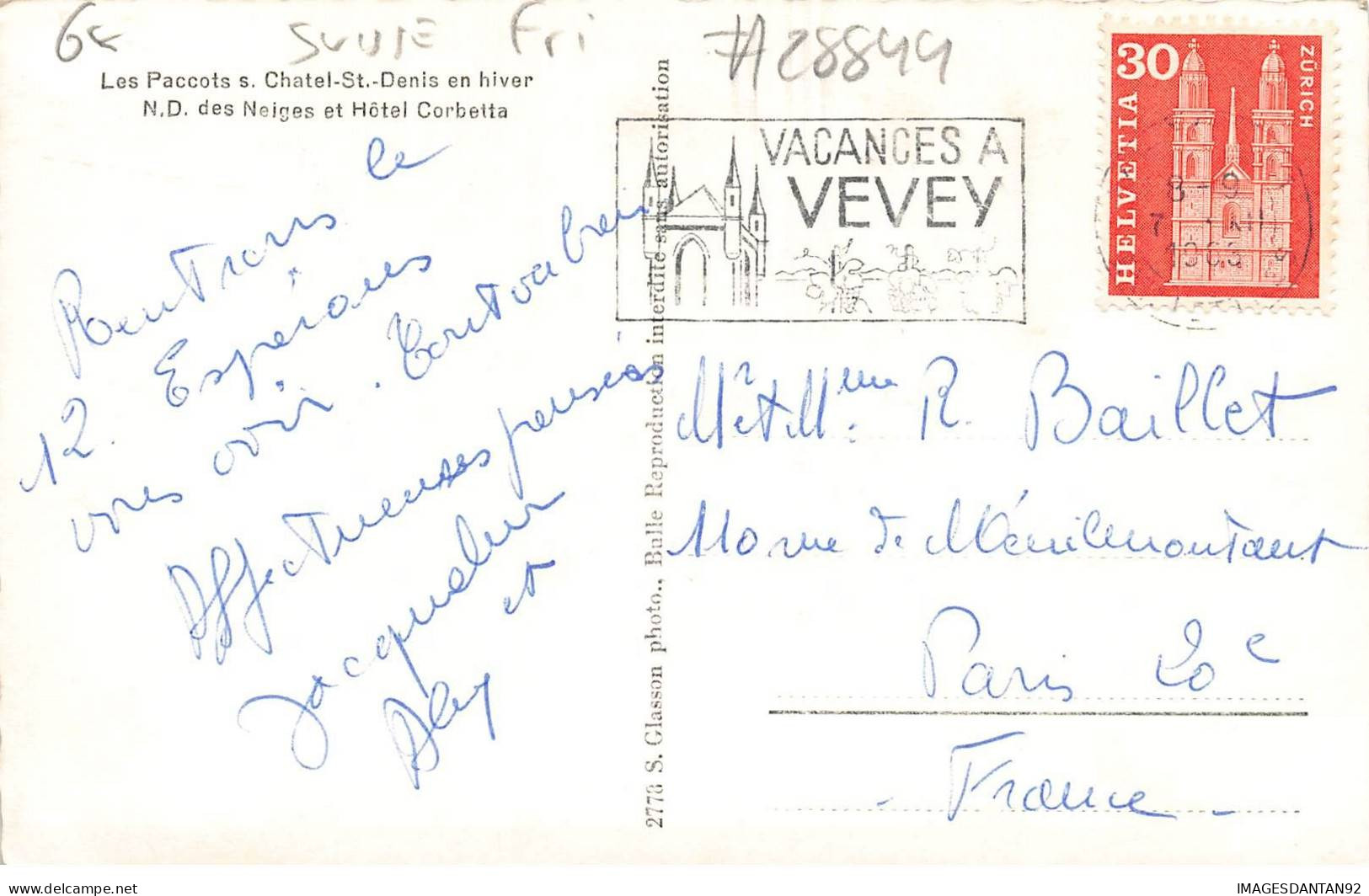 SUISSE FRIBOURG #28844 LES PACCOTS CHATEL ST DENIS ND DES NEIGES HOTEL CORBETTA - Châtel-Saint-Denis