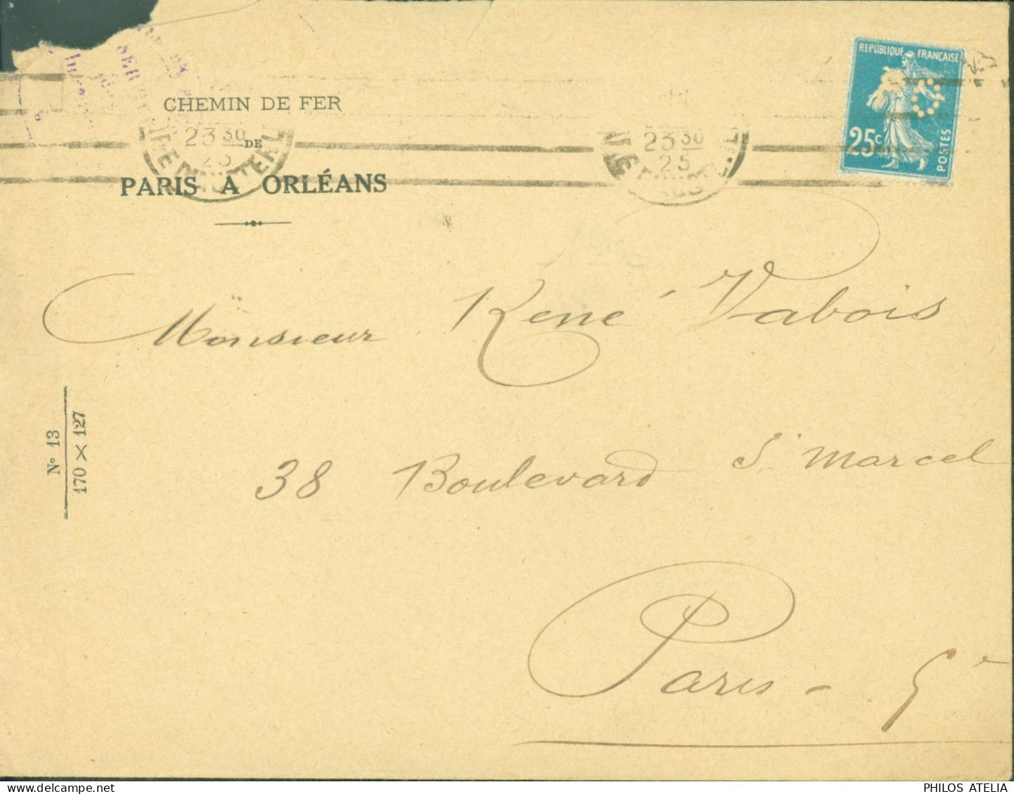 Perforé YT N°140 Semeuse Camée 25c Bleu Perforation PO Chemin De Fer Paris à Orléans CAD Paris 1925 - Lettres & Documents