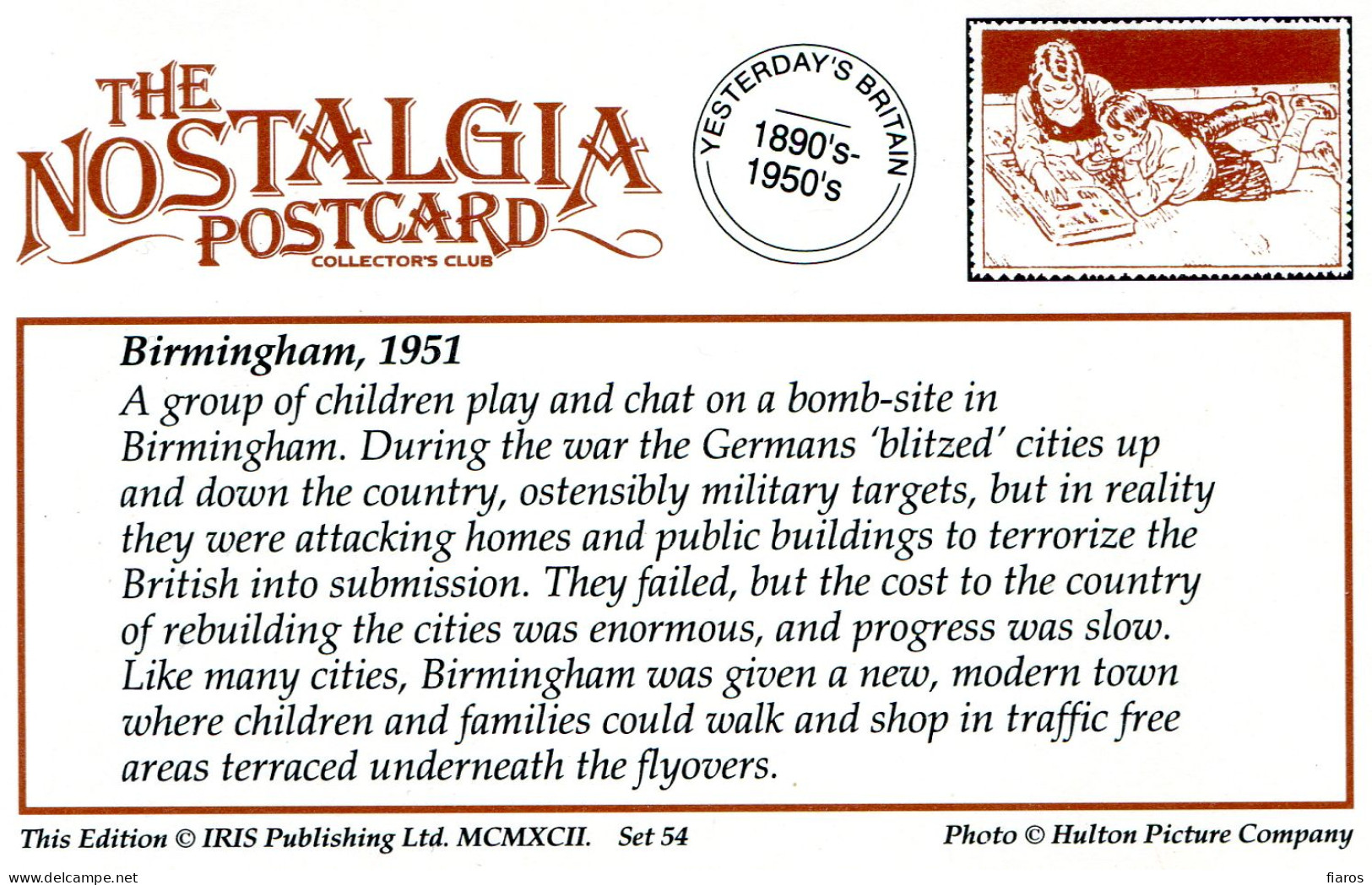 "Birmingham, 1951" Bomb-site, Children's Group, Play, 'blitzed' Cities, Terrorize, Germans, WWII [CPM Nostalgia Poscard] - Children And Family Groups