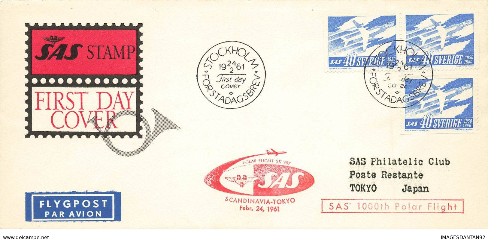 SUEDE #36371 FIRST DAY COVER SCANDINAVIAN SAS STOCKHOLM TOKYO 1961 COMPAGNIE AVIATION - Lettres & Documents