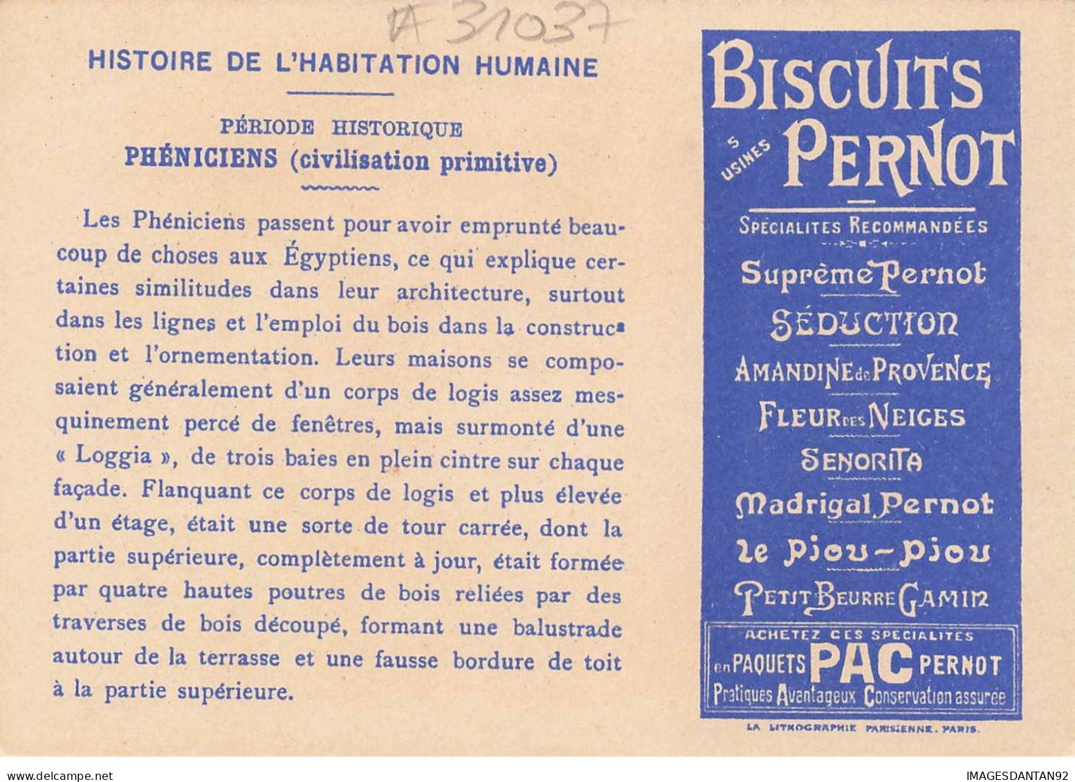 CHROMO #CL31037 BISCUITS PERNOT HABITATION TRADITIONNELLE PHENICIENS - Pernot