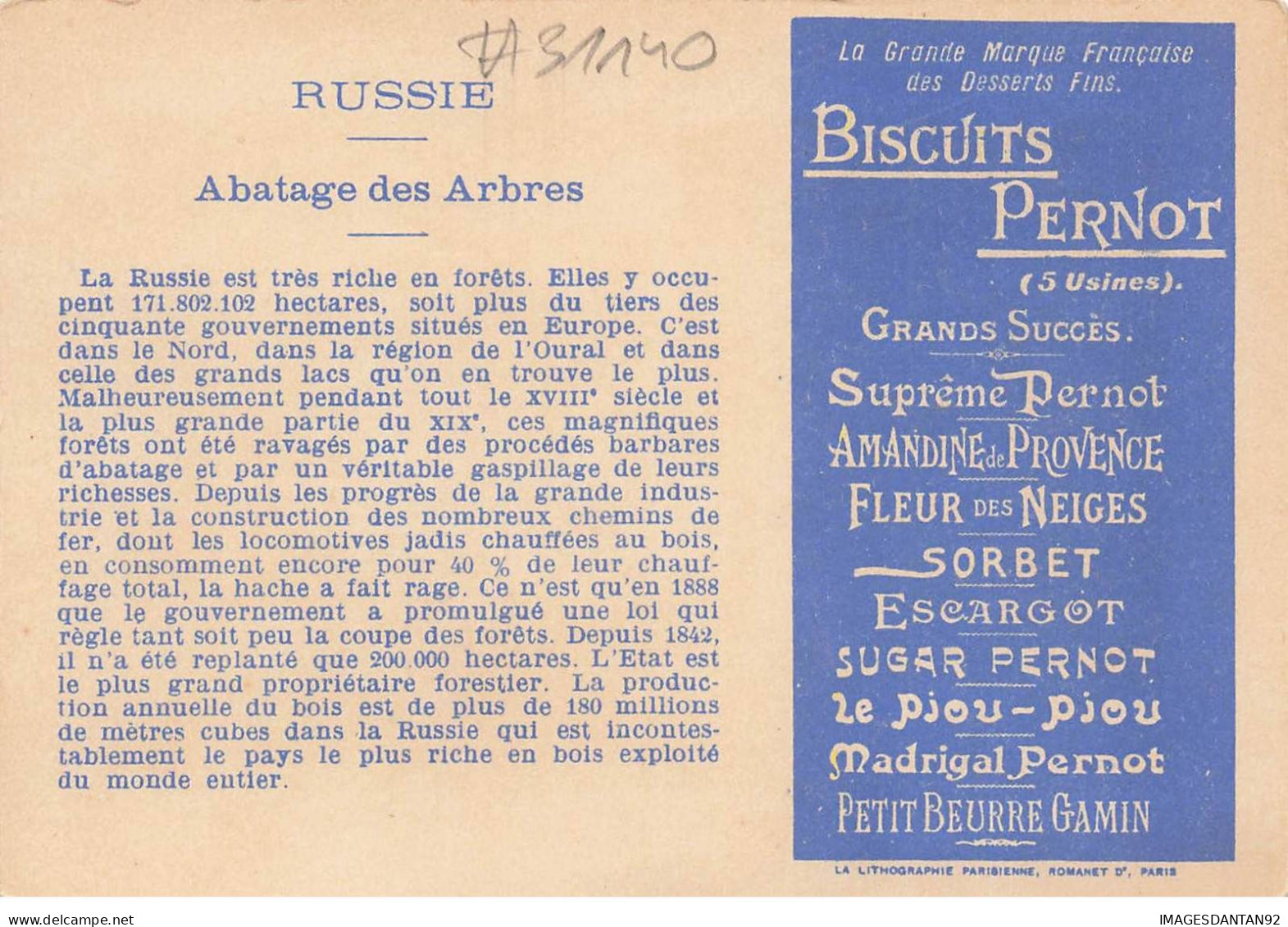 CHROMO #CL31140 BISCUITS PERNOT RUSSIE LE TRAVAIL CHEZ TOUS LES PEUPLES ABATAGE DES ARBRES  ROMANET PARIS - Pernot