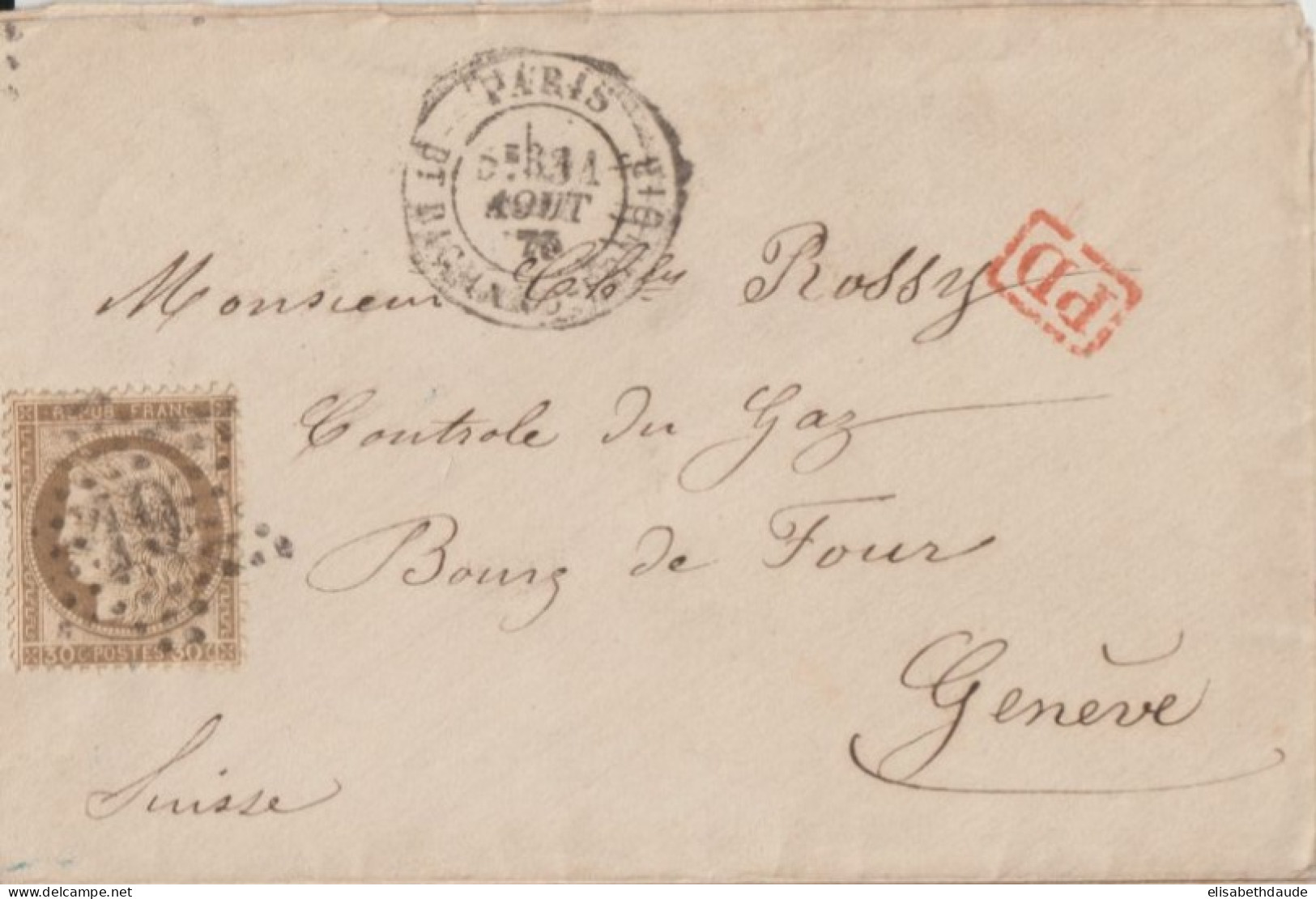 1875 - AMBULANT SUISSE N°1a SUP ! AU DOS De LETTRE De PARIS => GENEVE - Marcophilie