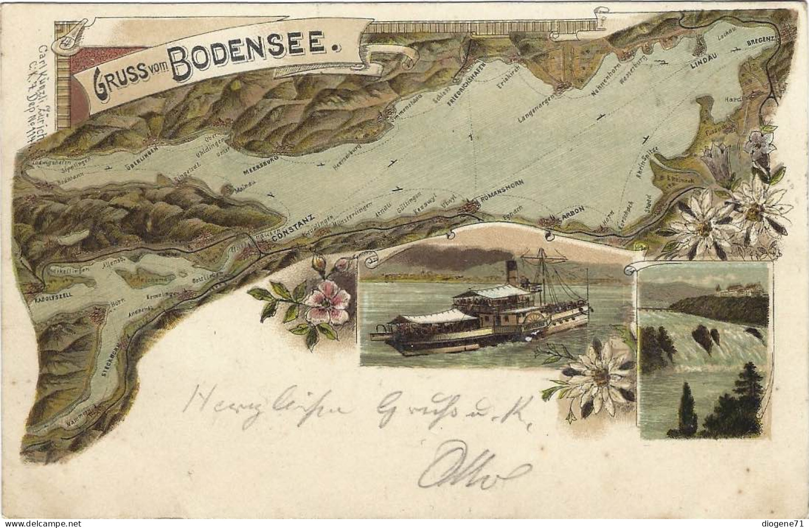 Gruss Vom Bodensee 1901 Litho Künzli Dampfer Rheinfall Blumen - Sonstige & Ohne Zuordnung