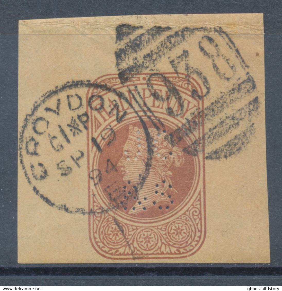 GB QV Half Penny Brown Superb Cut Out From Postal Stationery Wrapper (H&B WP15, Extremely Rare POSTAL STATIONERY PERFIN: - Usati