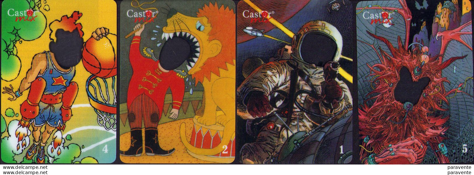 4 Cartes Castor Poche TRANSFORME TOI EN: Basketteur JUDEX, Dompteur BOUCHER, Extraterrestre&astronaute MUNCH - Cartoline Postali