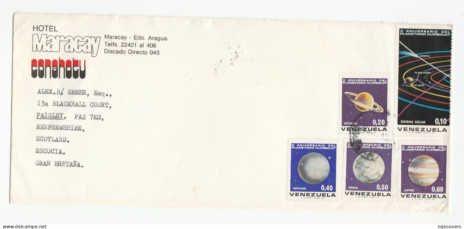 ASTRONOMY Space VENEZUELA Multi PLANETS HUMBOLDT Stamps COVER From HOTEL Maracay To GB  1970s - Astronomy