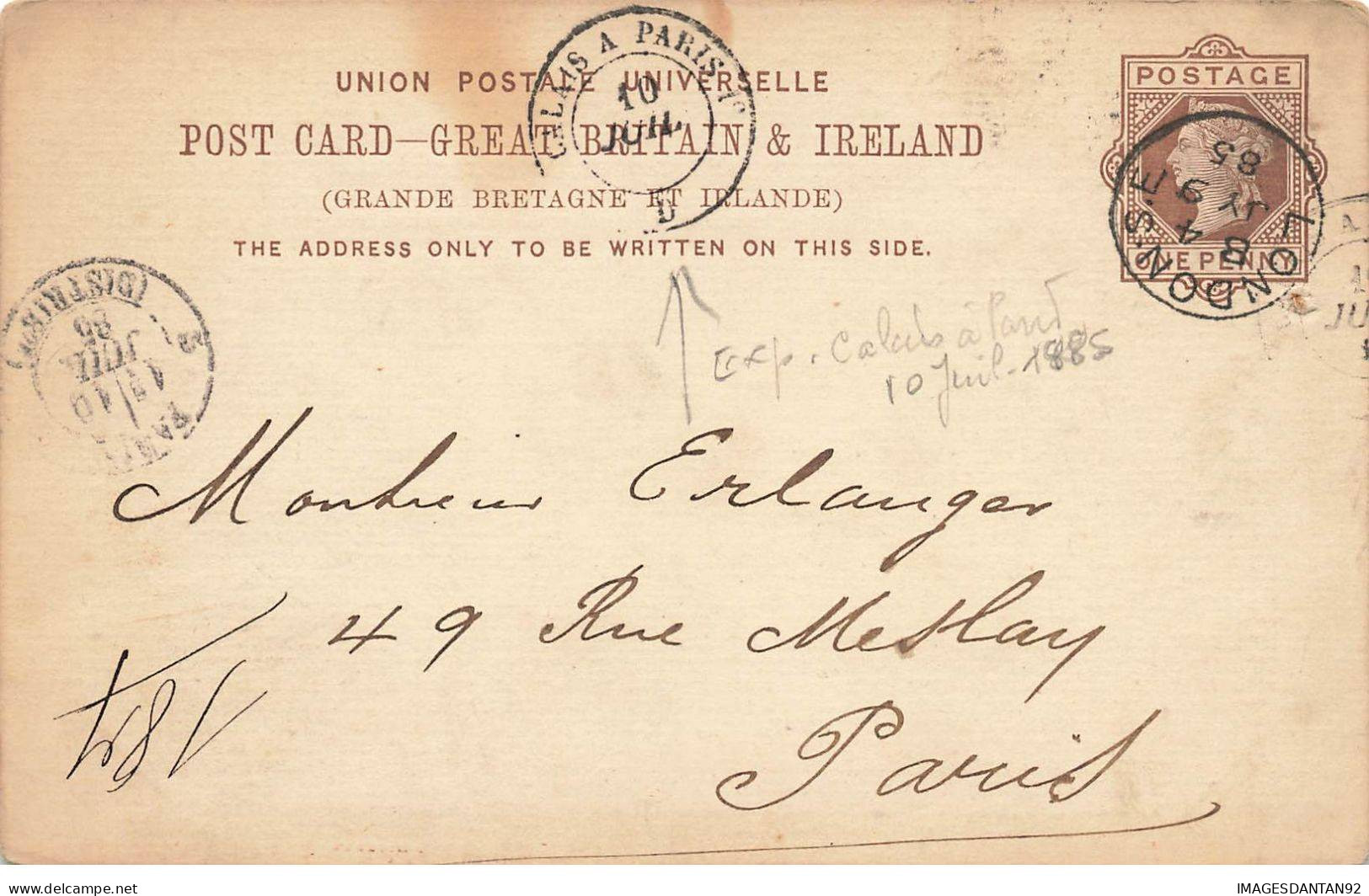 ROYAUME UNI ENGLAND #32804 CALAIS A PARIS LIGNE D 1885 LONDON PARIS - Oblitérés