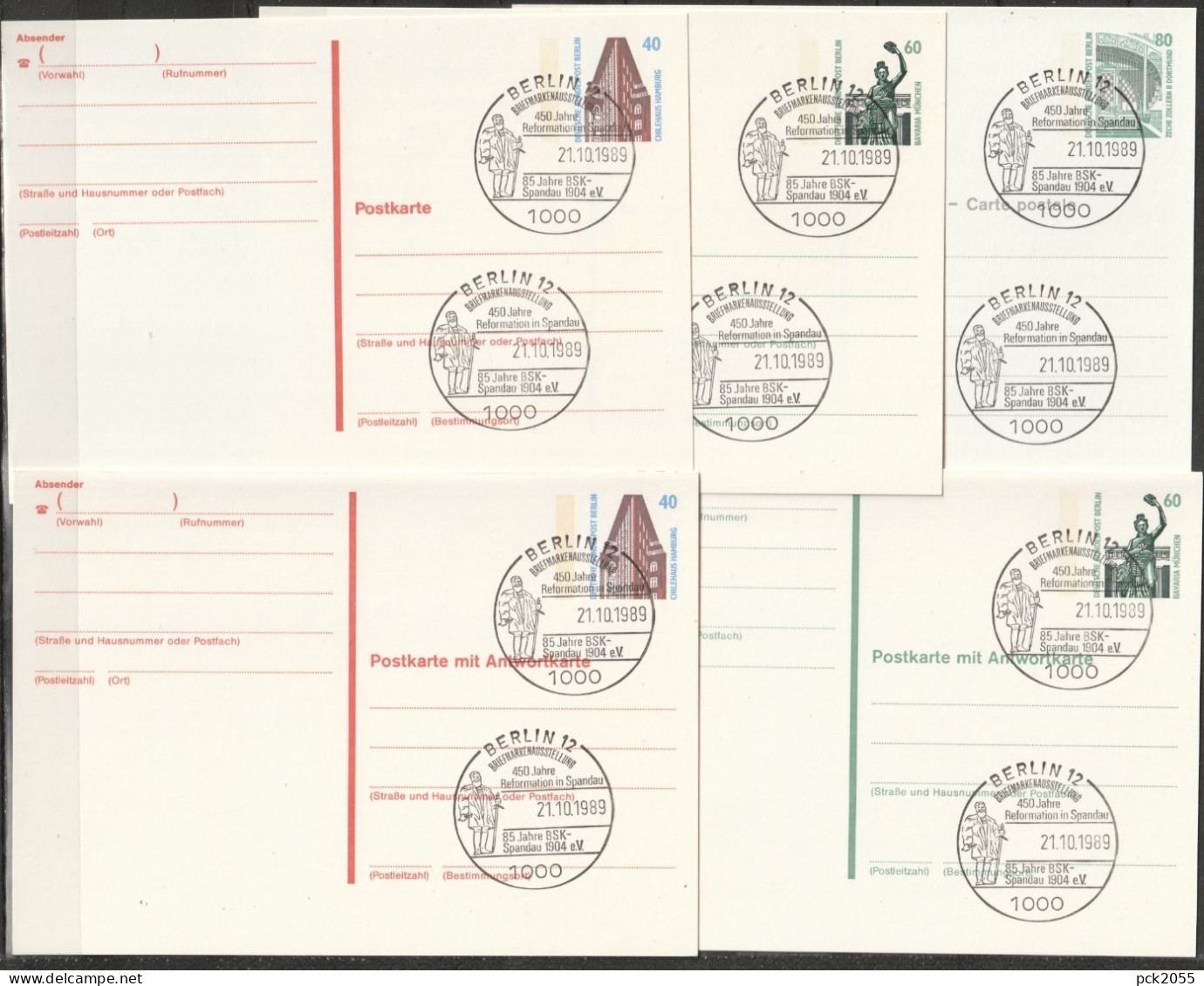 Berlin Ganzsache 1990 Mi.-Nr. P129 - P133 Sonderstempel BERLIN 12 Briefmarkenausstellung  21.10.89  ( PK 452 ) - Postkarten - Gebraucht