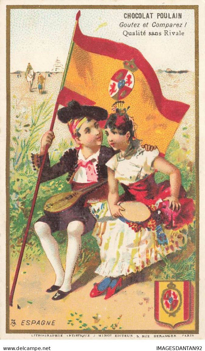 CHROMO #CL40328 CHOCOLAT POULAIN ESPAGNE DRAPEAU JEUNE COUPLE COSTUME TRADITIONNEL MINOT PARIS - Poulain