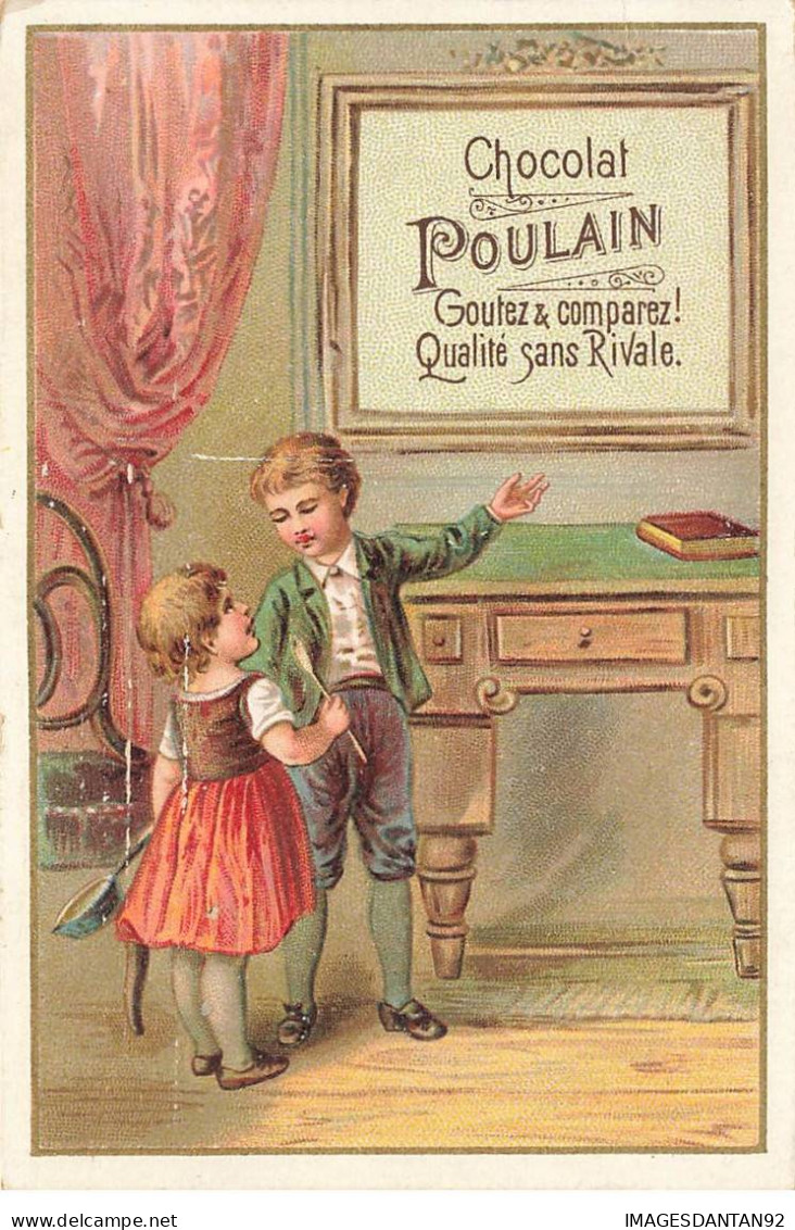 CHROMO #CL40346 CHOCOLAT POULAIN JEUNE GARCON ET FILLETTE TENANT CASSEROLLE CUILLER - Poulain