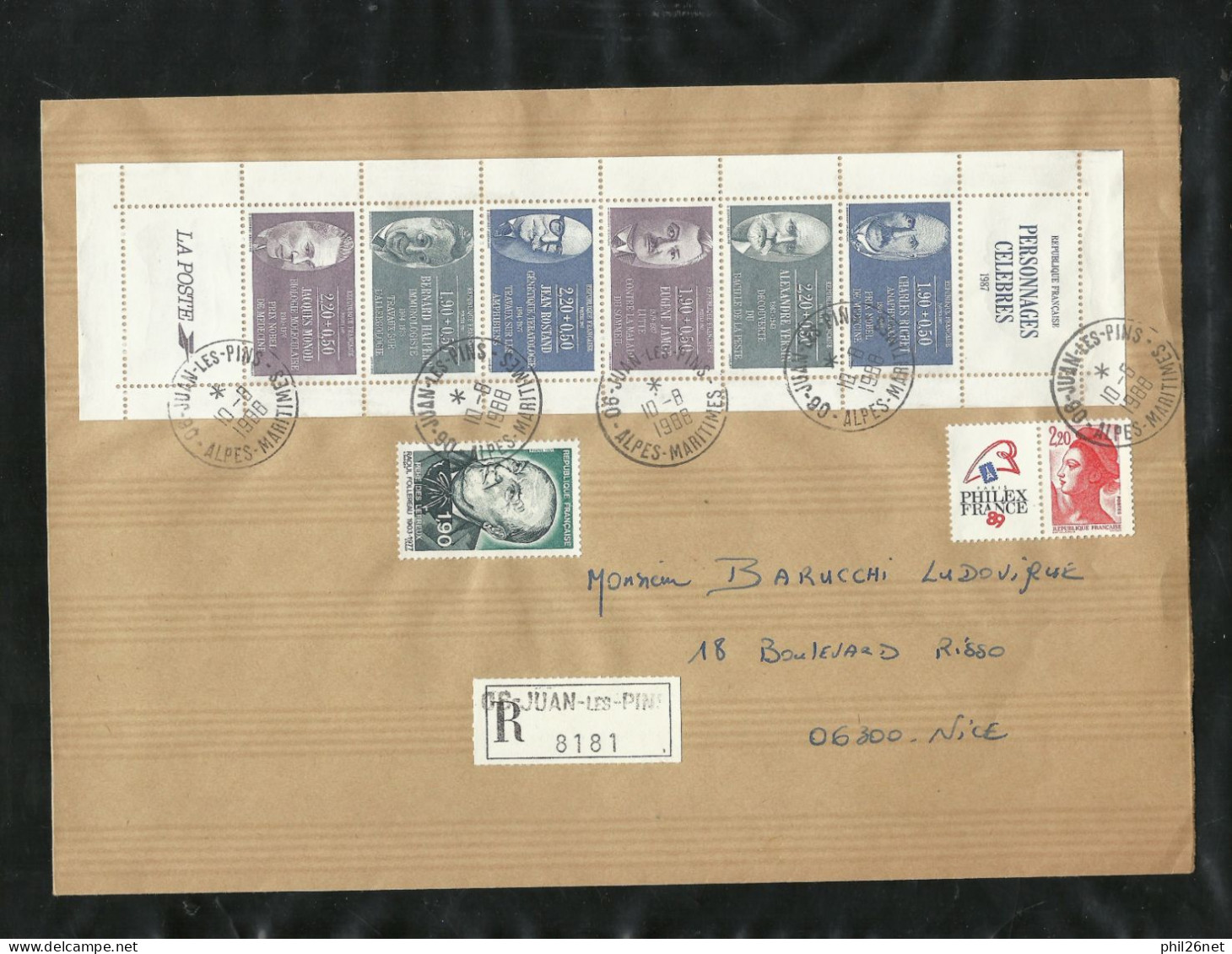 Lettre Recommandée Circulée Juan Les Pins à Nice  Le 10/08/1988 La Bande BC 2460 Médecins + N°2453  Follereau Et 2461 TB - Bekende Personen