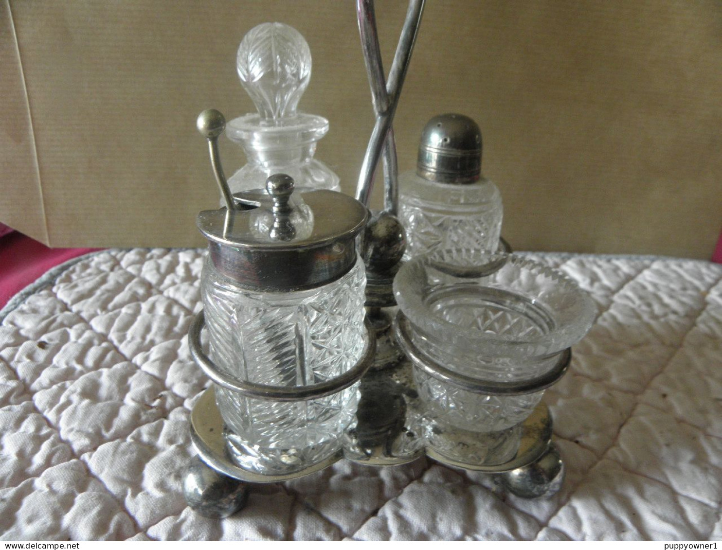 Service à Condiments Plaque D'argent Et Cristal Huile Vinaigre Sel Moutarde Vers 1910 - Glas & Kristal