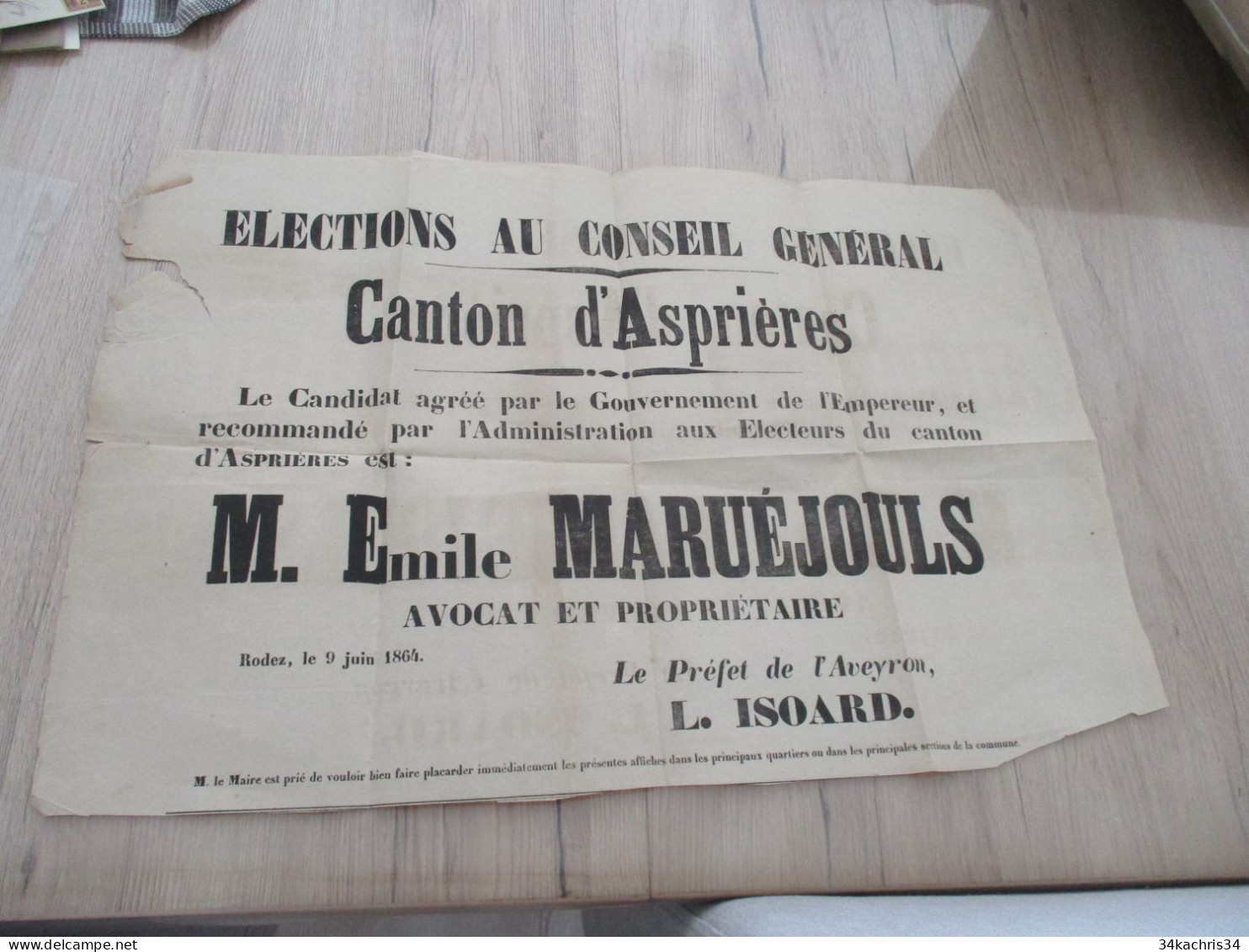 Grande Affichette 2 X A3 Environ Elections Au Conseil Général Aspières  Aveyron  1864 En L'état - Afiches