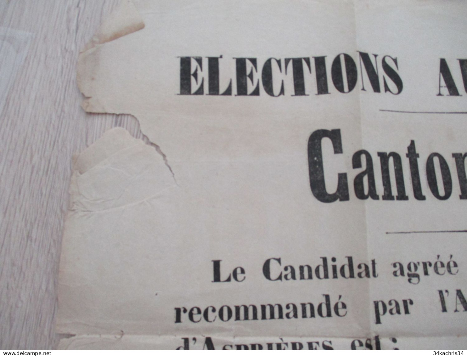 Grande Affichette 2 X A3 Environ Elections Au Conseil Général Aspières  Aveyron  1864 En L'état - Afiches