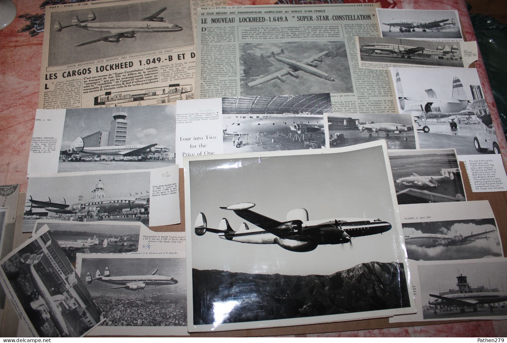 Lot de 362g d'anciennes coupures de presse et photo de l'aéronef américain Lockheed "Super Constellation"