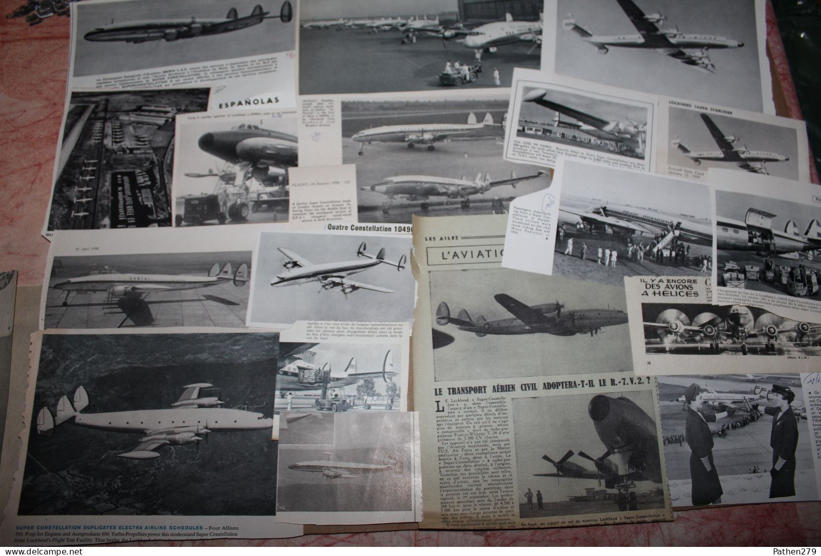 Lot de 362g d'anciennes coupures de presse et photo de l'aéronef américain Lockheed "Super Constellation"