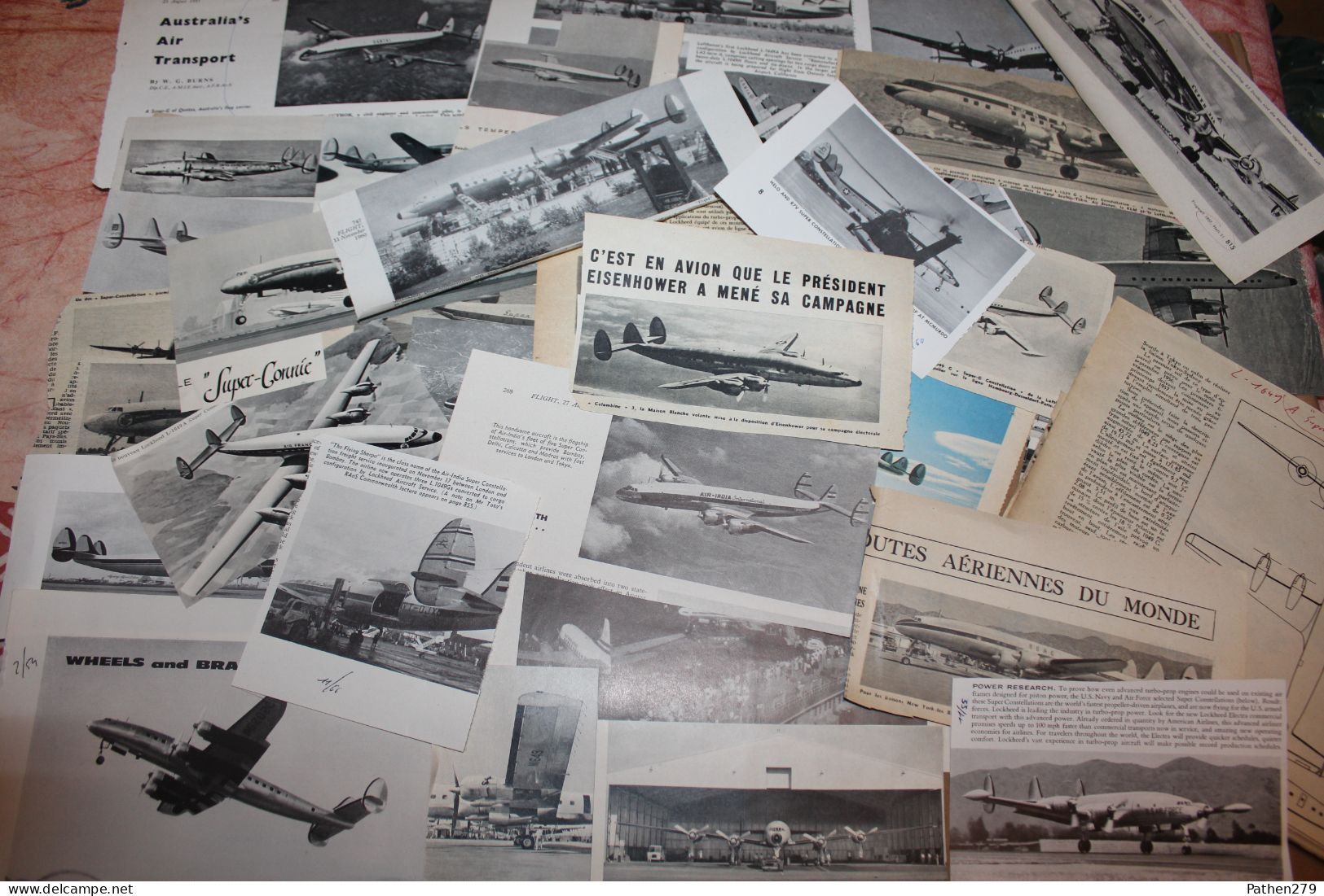 Lot de 362g d'anciennes coupures de presse et photo de l'aéronef américain Lockheed "Super Constellation"