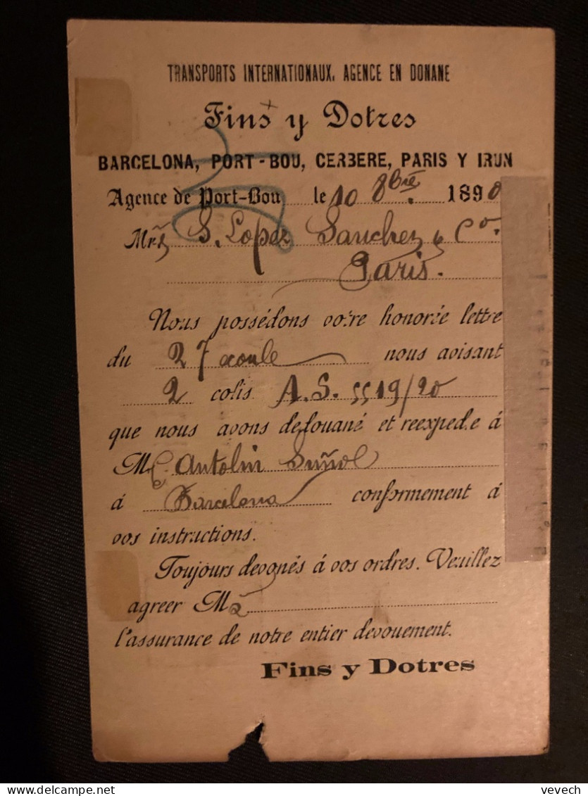 CP EP 10c OBL. Et Datée 10/10/1890 + FINS Y DOTRS TRANSPORTS INTERNATIONAUX AGENCE EN DOUANE - Cartas & Documentos