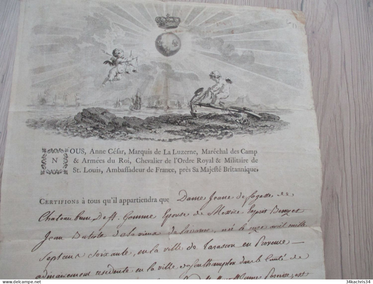 L11 Londres 09/04/1788 Certification Signé Marquis De La Luzerne Ambassadeur De France Pour Jeanne De Fogasse Laverne - Historische Personen