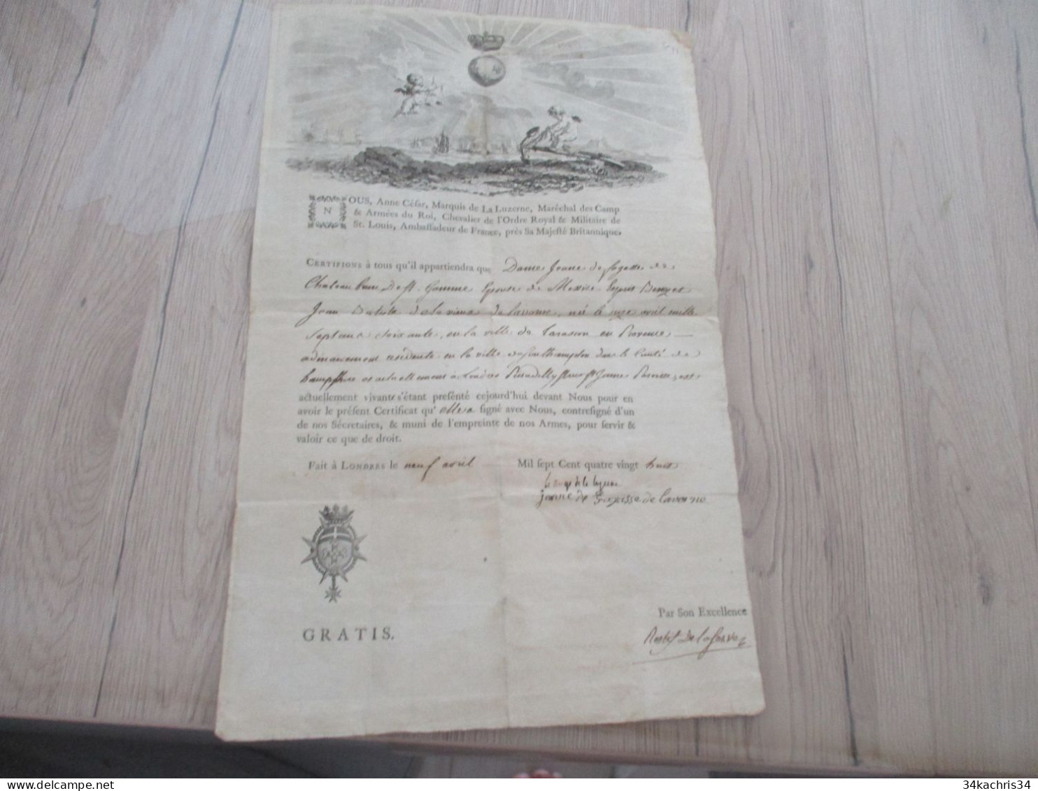 L11 Londres 09/04/1788 Certification Signé Marquis De La Luzerne Ambassadeur De France Pour Jeanne De Fogasse Laverne - Personnages Historiques
