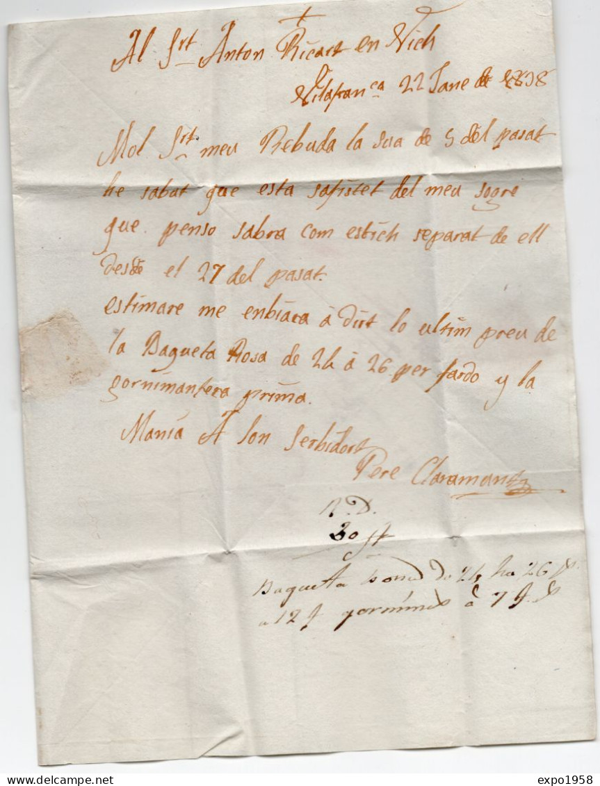 Prefilatelia Carta De Villafranca Del Penedes  A Vich / Cataluña  1838 / Marca  Tarifa 7. - ...-1850 Prefilatelia