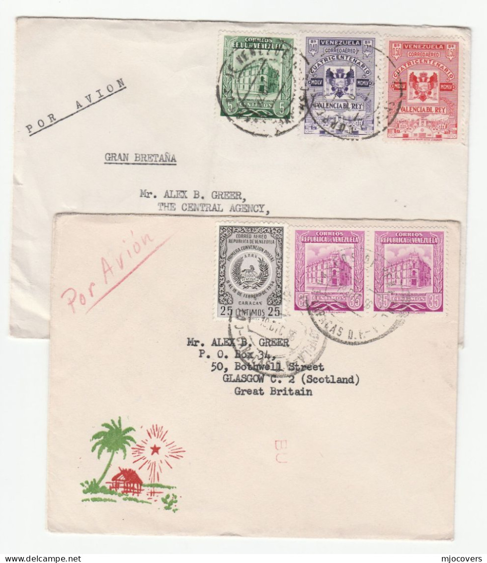 2 X 1950s VENEZUELA COVERS Multi Stamps HORSE POSTAL Convention POST OFFICE Building COAT OF ARMS Air Mail To GB Cover - Venezuela