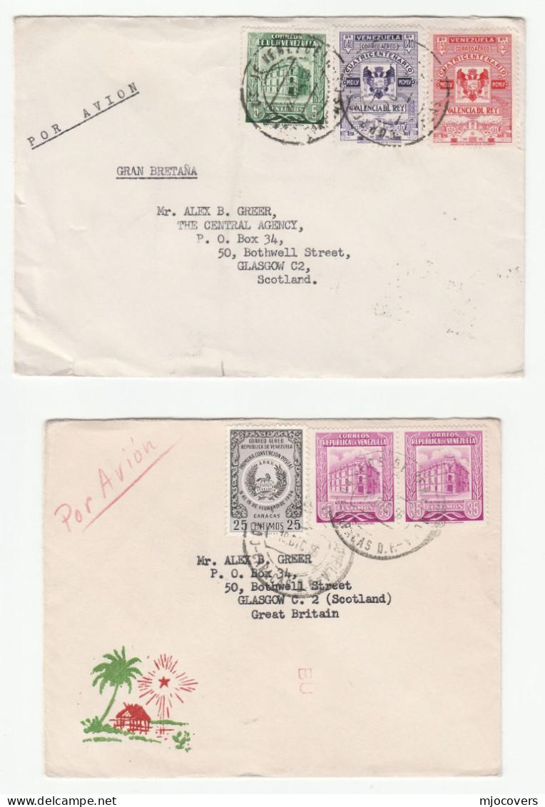 2 X 1950s VENEZUELA COVERS Multi Stamps HORSE POSTAL Convention POST OFFICE Building COAT OF ARMS Air Mail To GB Cover - Venezuela