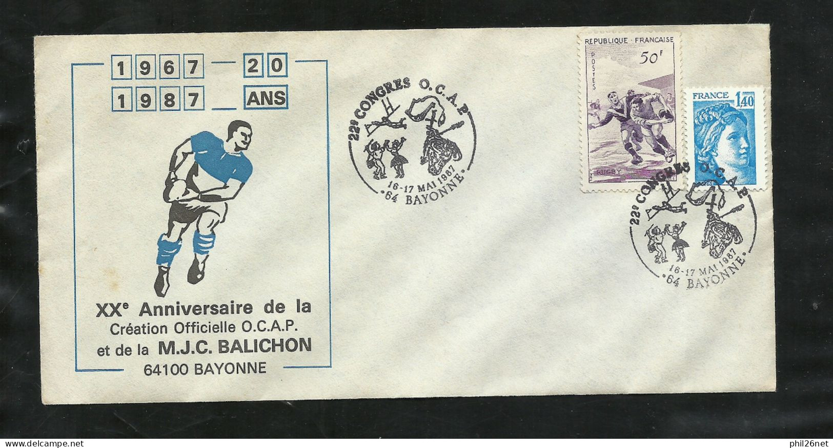 Lettre Illustrée Rugby Bayonne XXème Ann. OCAP Et MJC Bayonne 16 & 17 Mai 1987   N° 1074 Rugby Et 1975  B/ TB Solddé ! ! - Rugby