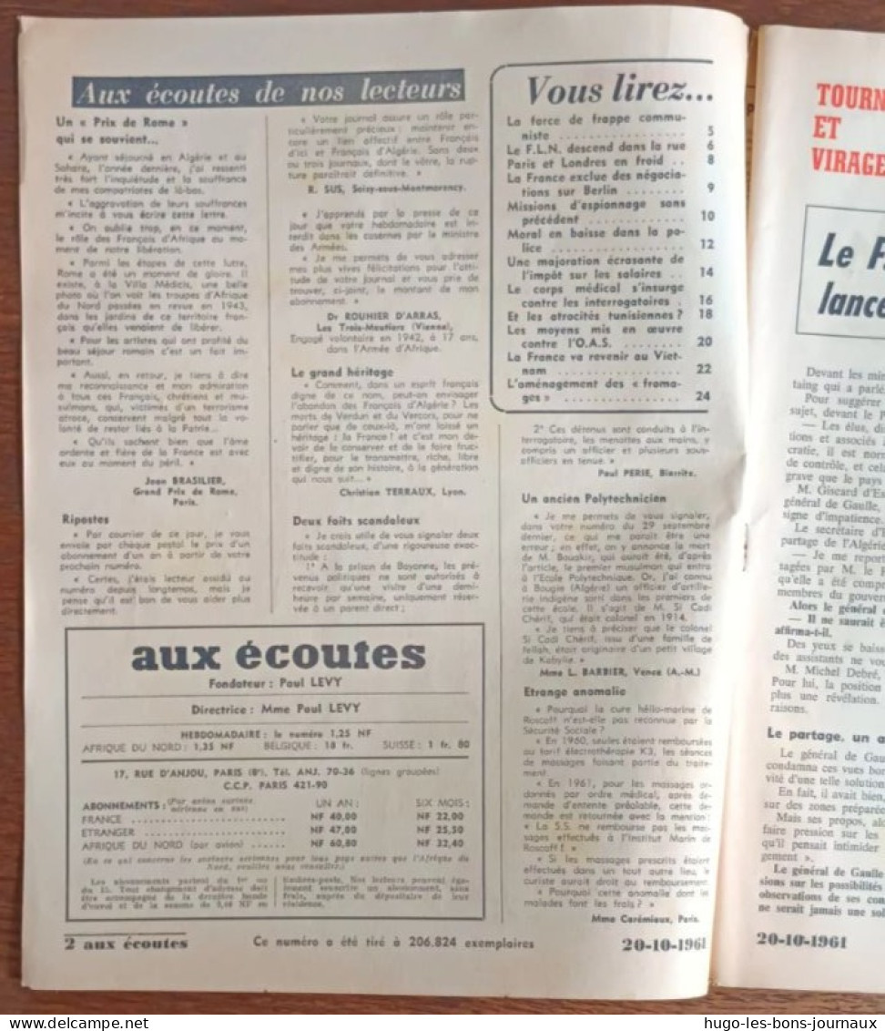 Aux écoutes Du Monde N°1944_ Du 20 Octobre 1961_Le F.L.N. Lance Ses Commandos Choc Sur Paris _ - 1950 à Nos Jours