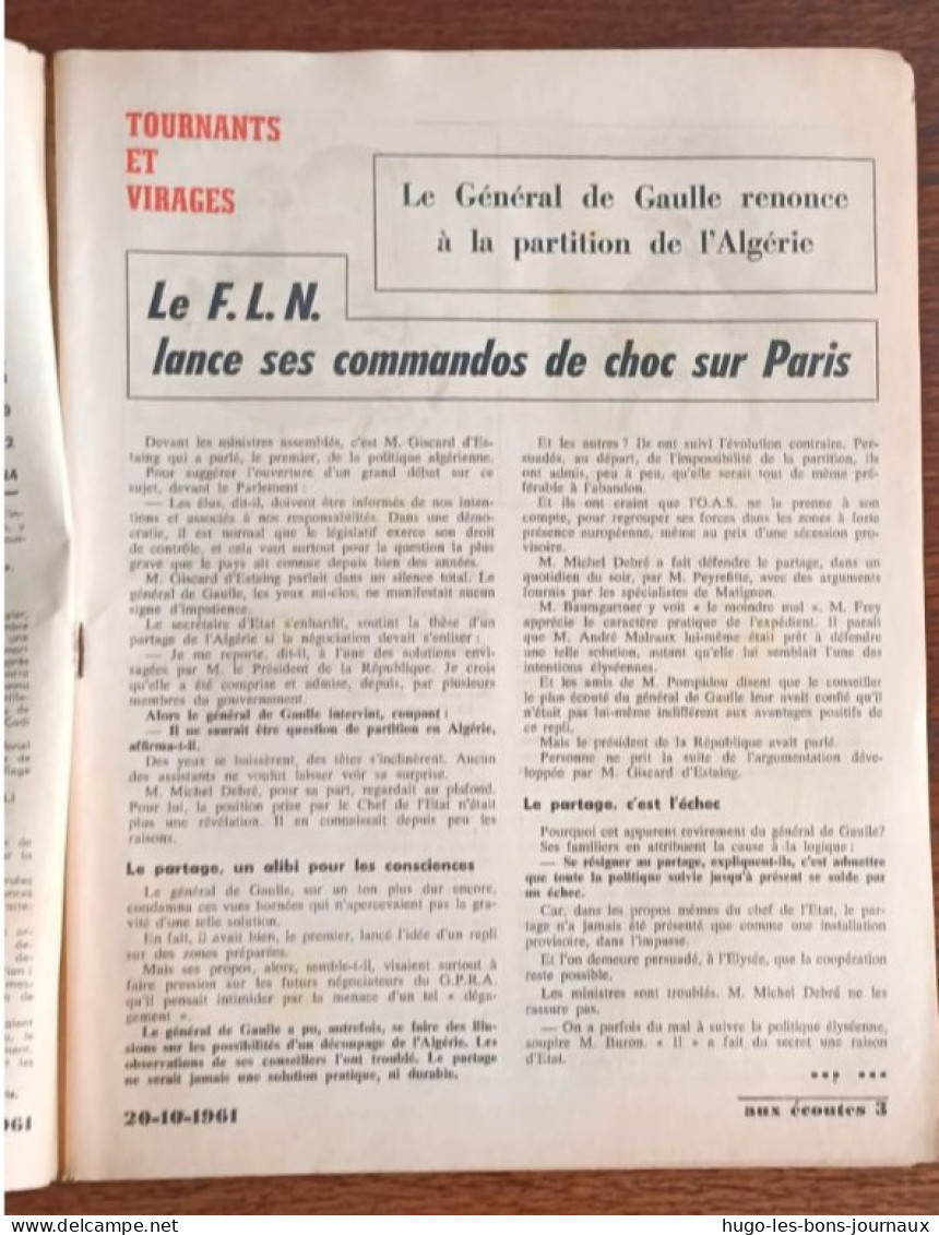 Aux écoutes Du Monde N°1944_ Du 20 Octobre 1961_Le F.L.N. Lance Ses Commandos Choc Sur Paris _ - 1950 à Nos Jours