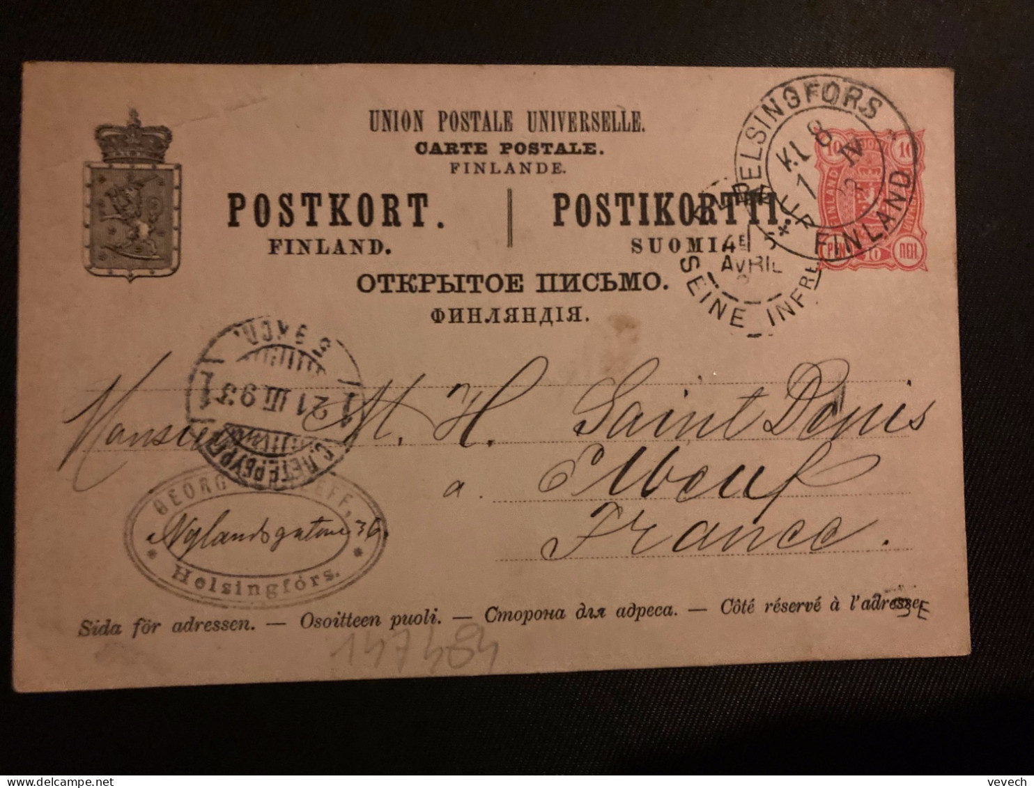 CP EP 10 OBL.1 IV 93 HELSINGFORS Pour Mr SAINT DENIS + Cachet ELBEUF (76) - Lettres & Documents