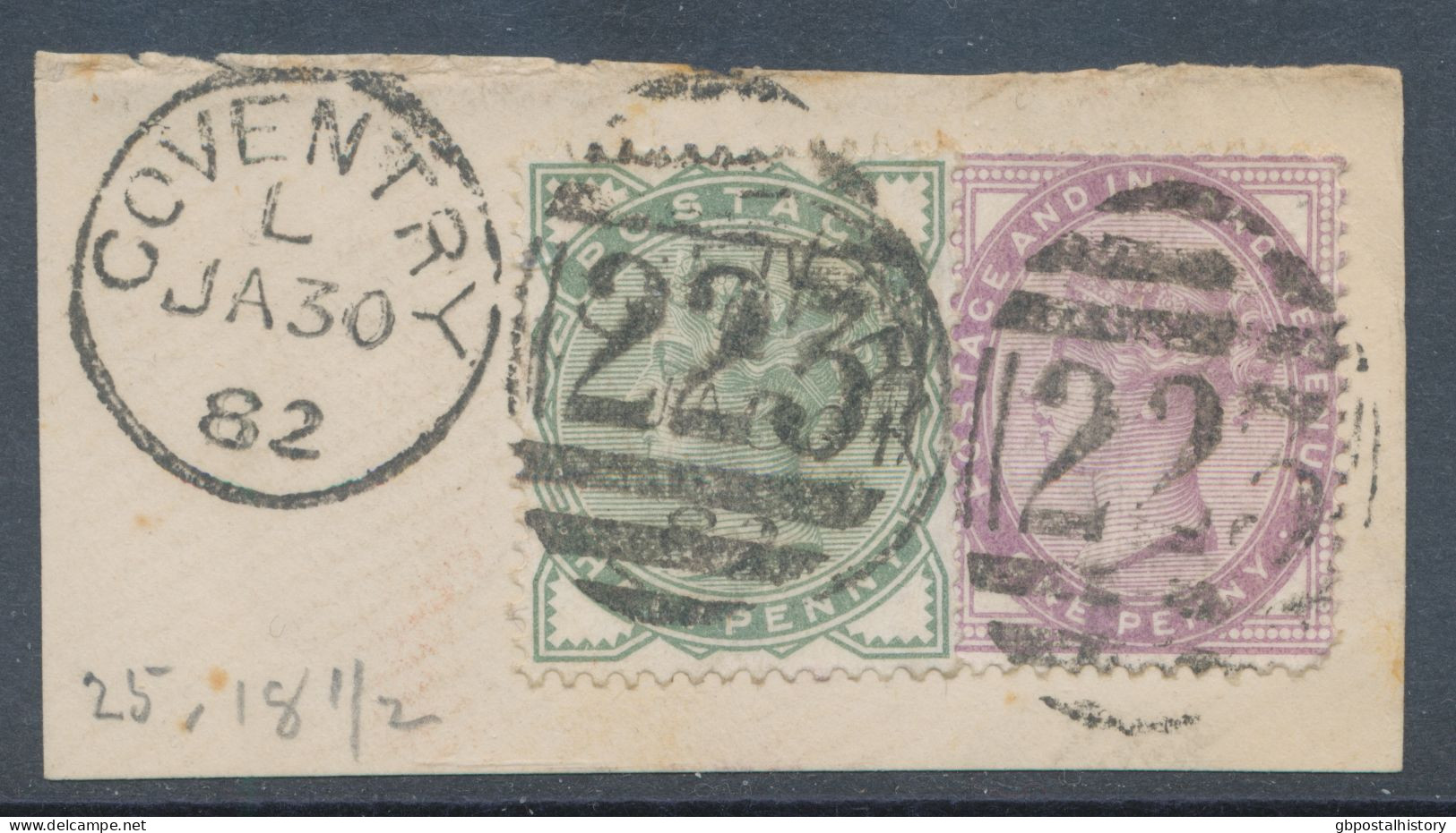 GB QV ½d Pale Green And 1d Lilac On Superb Piece With Duplex „COVENTRY / 223“, Warwickshire (3VOD, Time In Code L), 30.1 - Gebraucht
