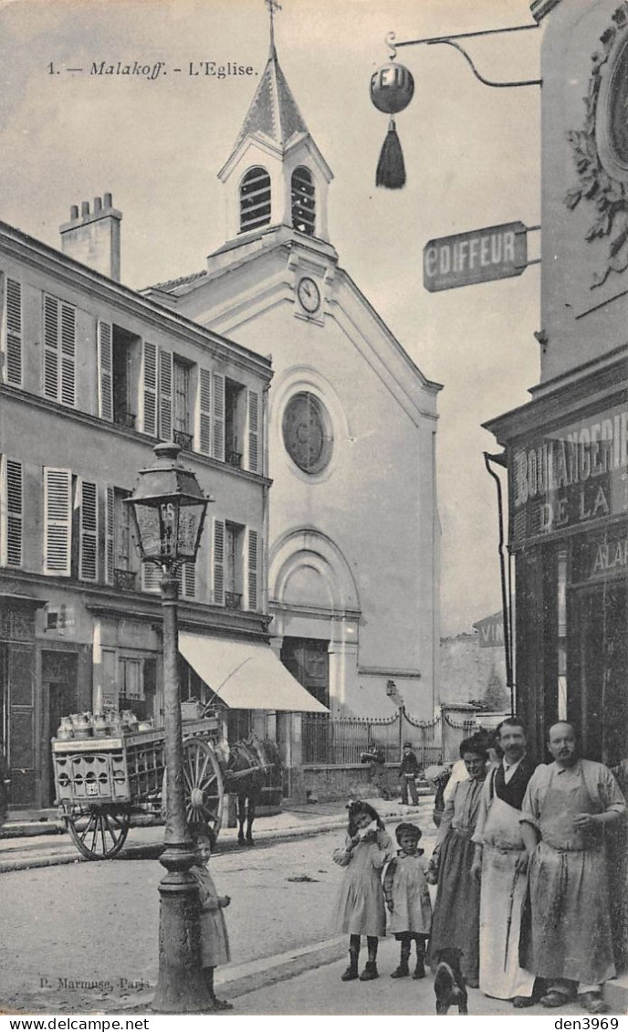 MALAKOFF (Hauts-de-Seine) - L'Eglise - Coiffeur, Boulangerie, Attelage De Cheval - Malakoff