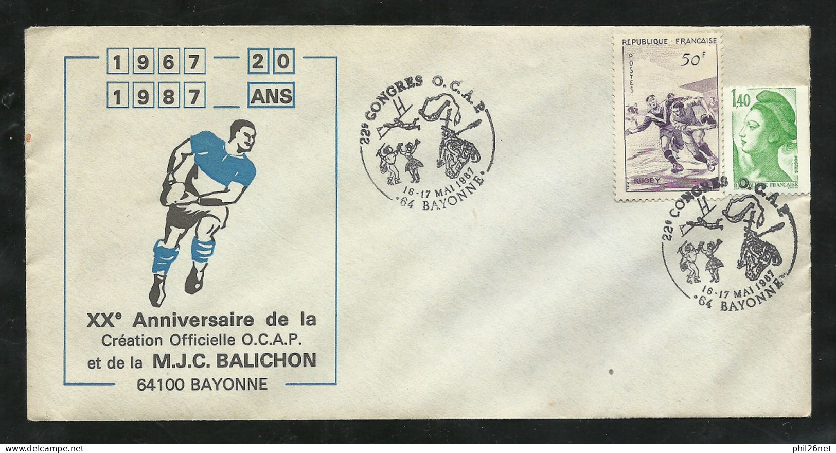 Lettre Illustrée Rugby Bayonne XXème Ann. OCAP Et MJC Bayonne 16 & 17 Mai 1987   N° 1074 Rugby Et 2191  B/TB Soldé ! ! ! - Rugby