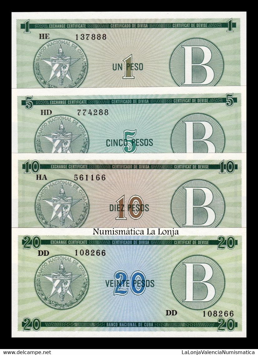 Cuba Set 4 Banknotes 1 5 10 20 Pesos Certificado De Divisa 1985 Serie B Pick FX6-FX9 Sc Unc - Cuba