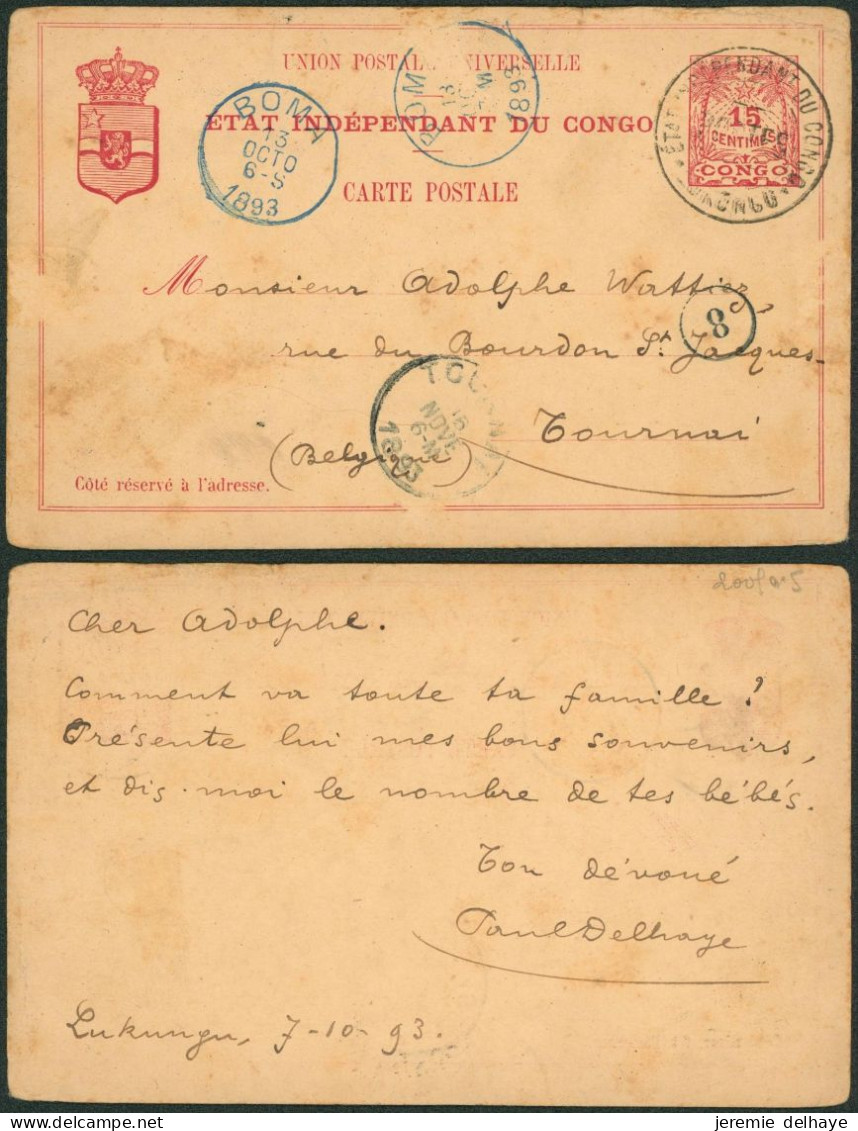 Congo Belge - EP Au Type 15ctm Obl "Etat Indépendant Du Congo / Lukungu" Via Boma (1893) > Tournai // Etat ! - 1884-1894