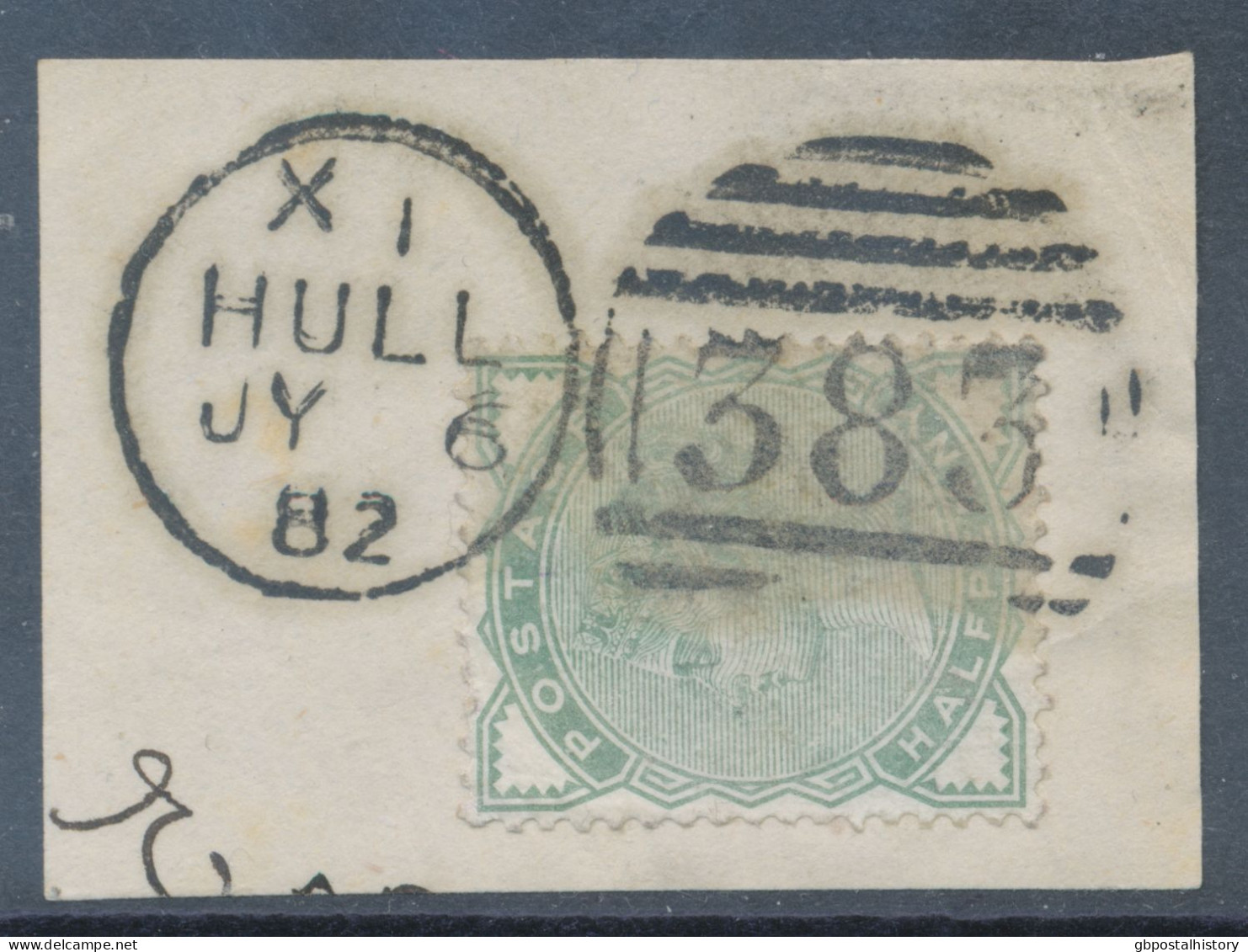 GB QV ½d Pale Green On Superb Piece W Duplex „HULL / 383“, Warwickshire (4CDB, Time In Code X I), 6.7.1882, EXHIBITION - Usados