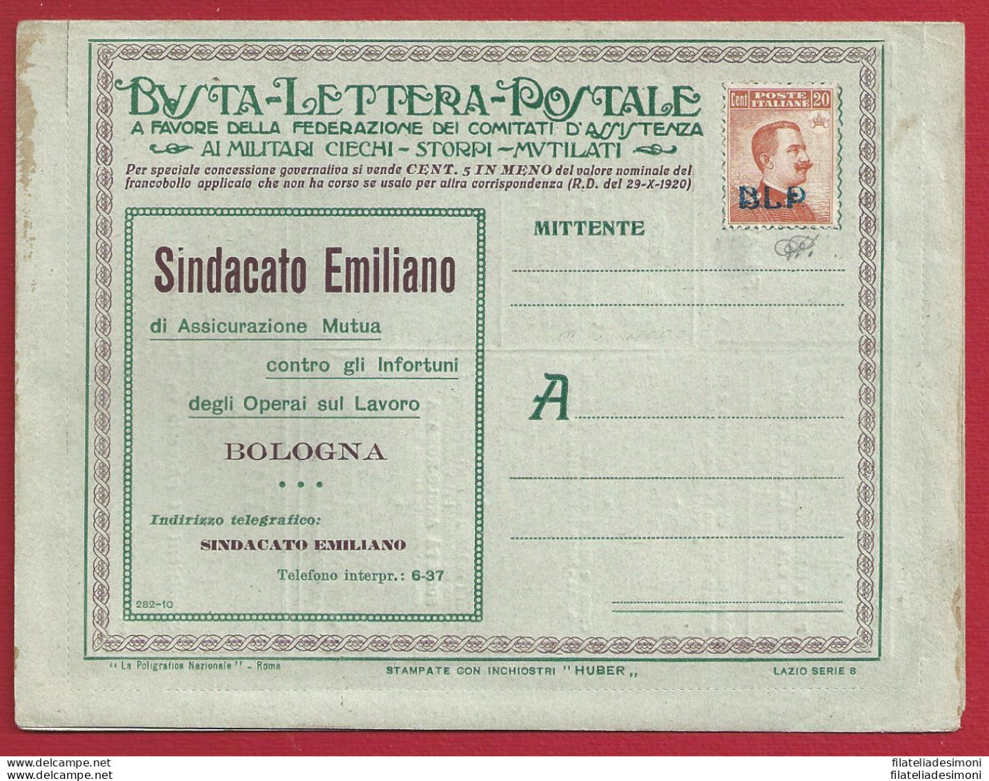 1921 REGNO, BLP N° 2  20 Cent. Arancio BUSTA SPECIALE NUOVA - COMPLETA - Zegels Voor Reclameomslagen (BLP)