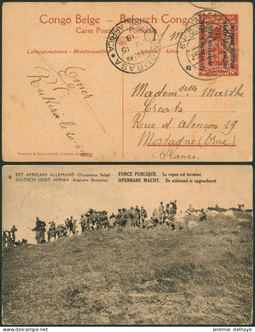 Ruanda-Urundi - EP Au Type 10ctm Rouge En S.M. Obl DC B.P.C.V.P.K. N°5 (Rukara, 1918) Via Mombasa > Mortagne - Postwaardestukken