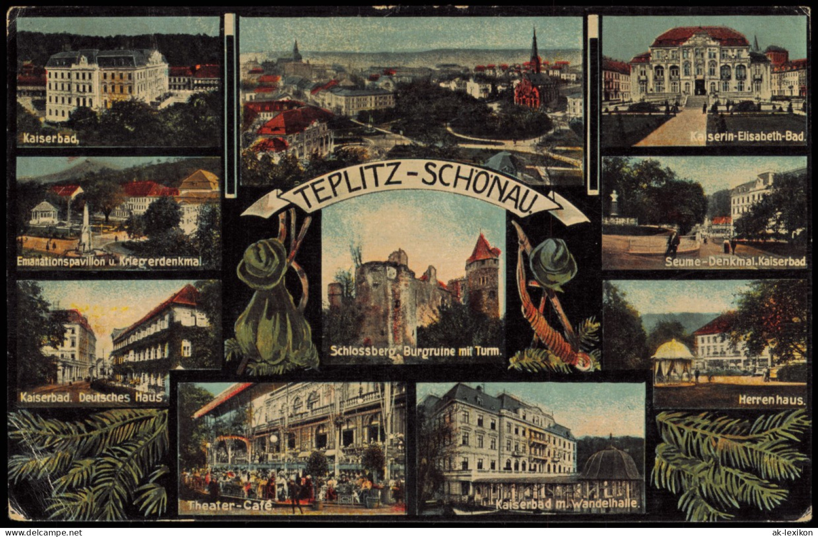 Teplitz-Schönau Teplice   Straßen, Emanationspavillon U. Kriegerdenkmal. 1914 - Tchéquie