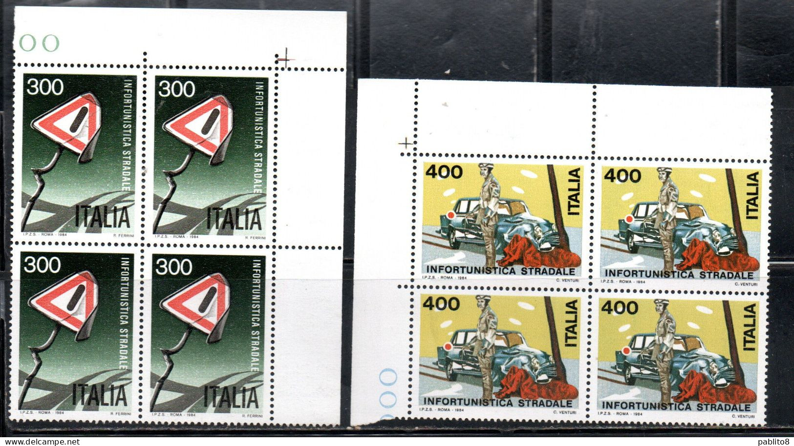 ITALIA REPUBBLICA ITALY REPUBLIC 1984 PREVENZIONE INFORTUNI STRADALI SERIE COMPLETA  QUARTINA ANGOLO DI FOGLIO MNH - 1981-90: Nieuw/plakker