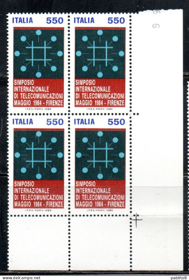 ITALIA REPUBBLICA ITALY REPUBLIC 1984 SIMPOSIO TELECOMUNICAZIONI TELECOMMUNICATIONS QUARTINA ANGOLO DI FOGLIO  MNH - 1981-90: Nieuw/plakker