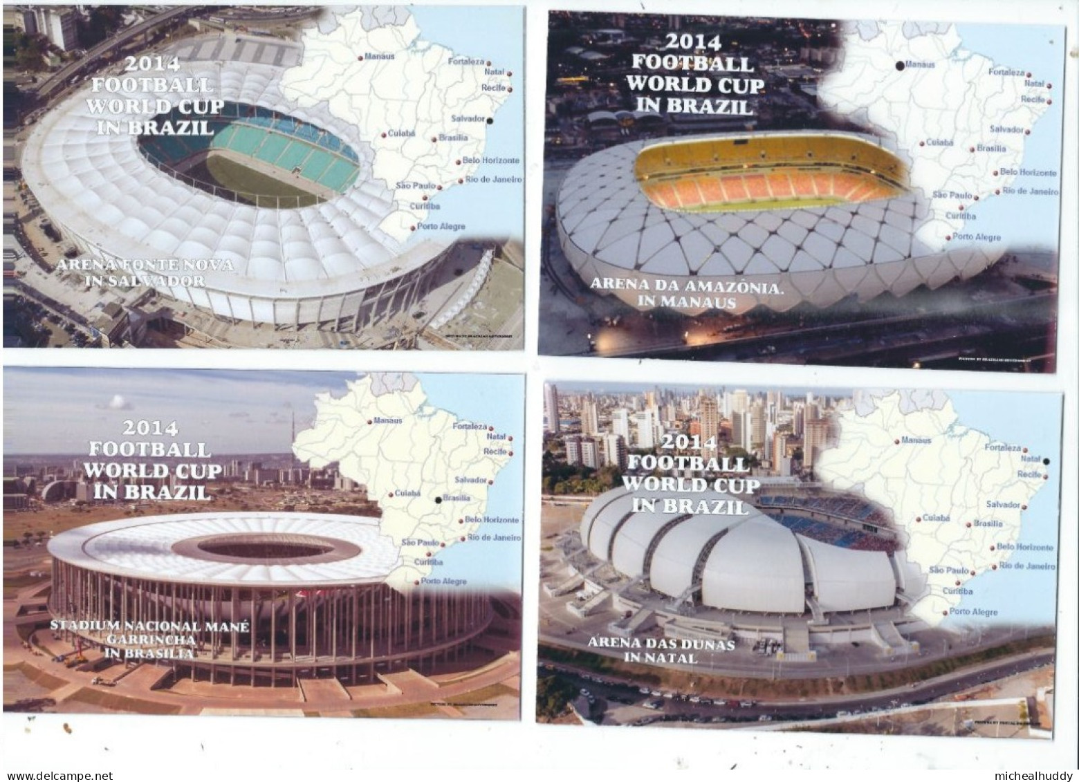 4 POSTCARDS STADIA    BRAZIL  STADIUMS USED FOR 2014 FOOTBALL WORLD CUP SHOWING MAP LOCATIONS - Stadi