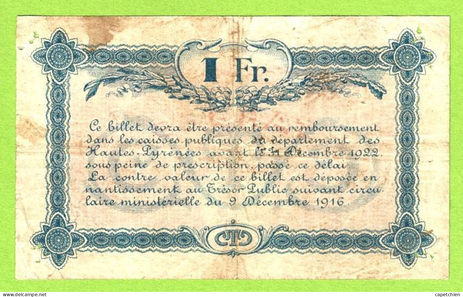 FRANCE / CHAMBRE De COMMERCE / TARBES / 1 FRANC / 7 DECEMBRE 1918 / 142335 / SERIE V - Camera Di Commercio