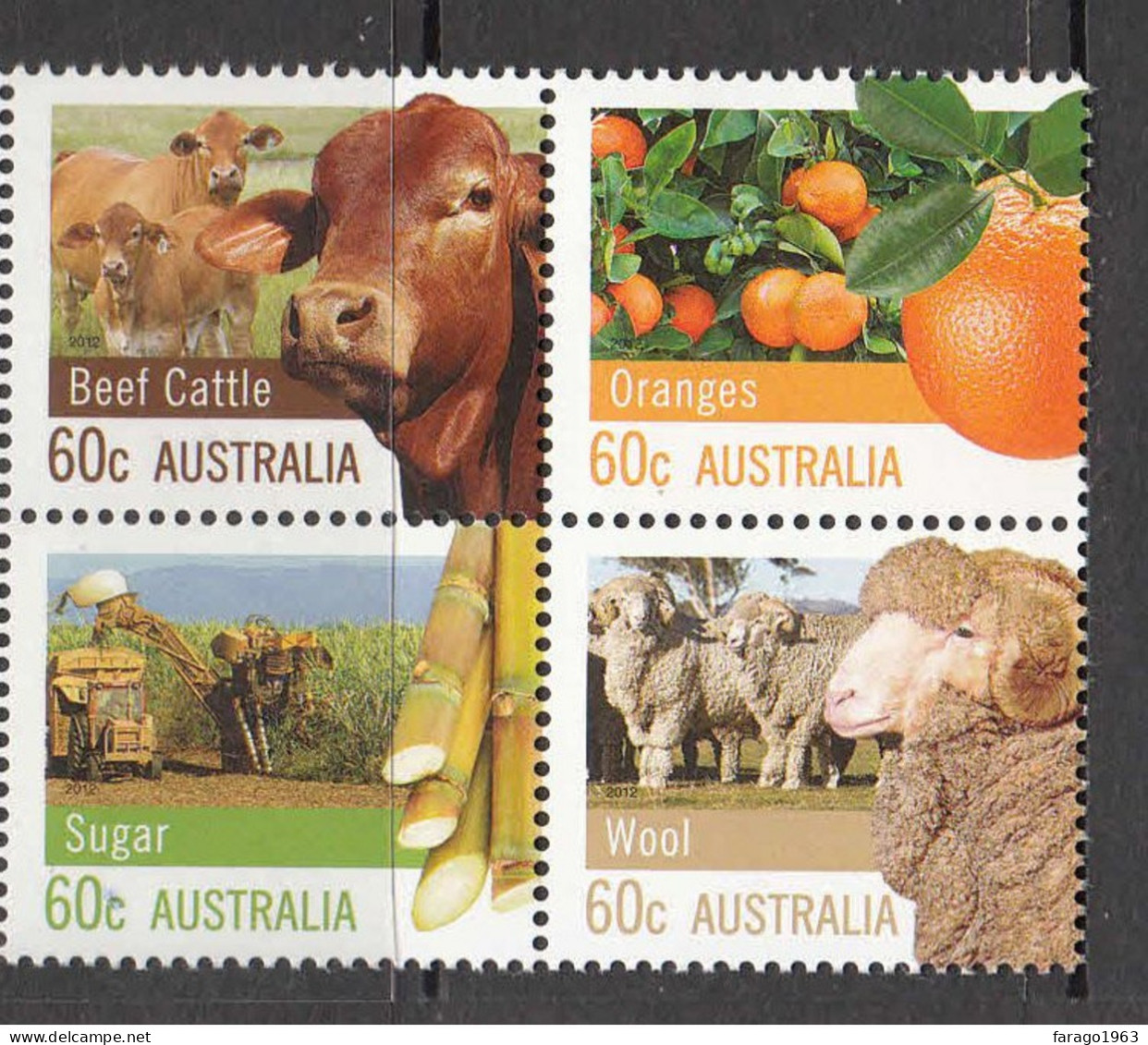 2012 Australia Agriculture Cattle Sheep Oranges Sugar Complete Set Block Of 4 MNH @ BELOW FACE VALUE - Ungebraucht