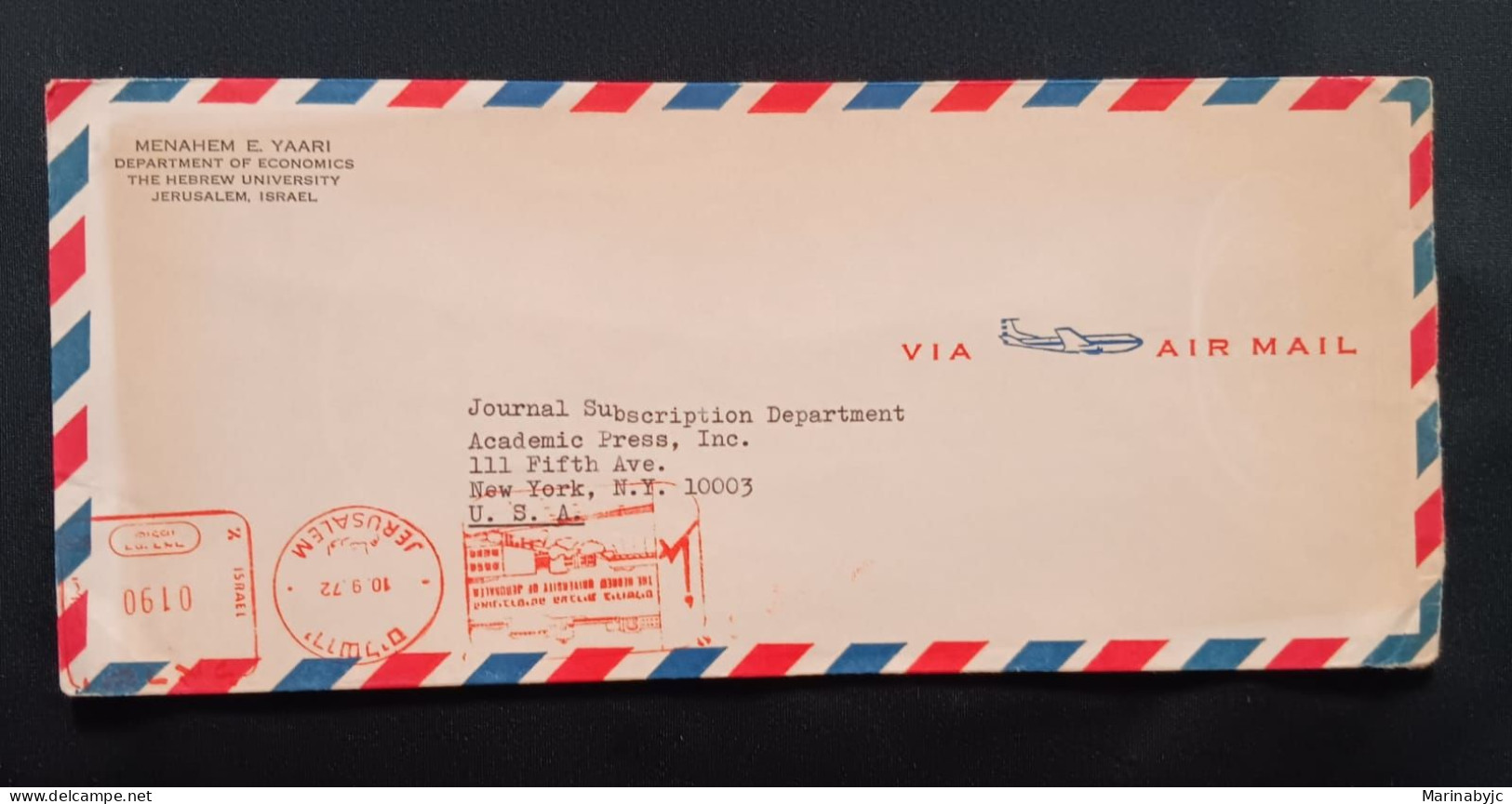 DM)1972, ISRAEL, LETTER SENT TO U.S.A, AIR MAIL, DEPARTMENT OF ECONOMICS HEBREW UNIVERSITY JERUSALEM, ISRAEL, XF - Other & Unclassified