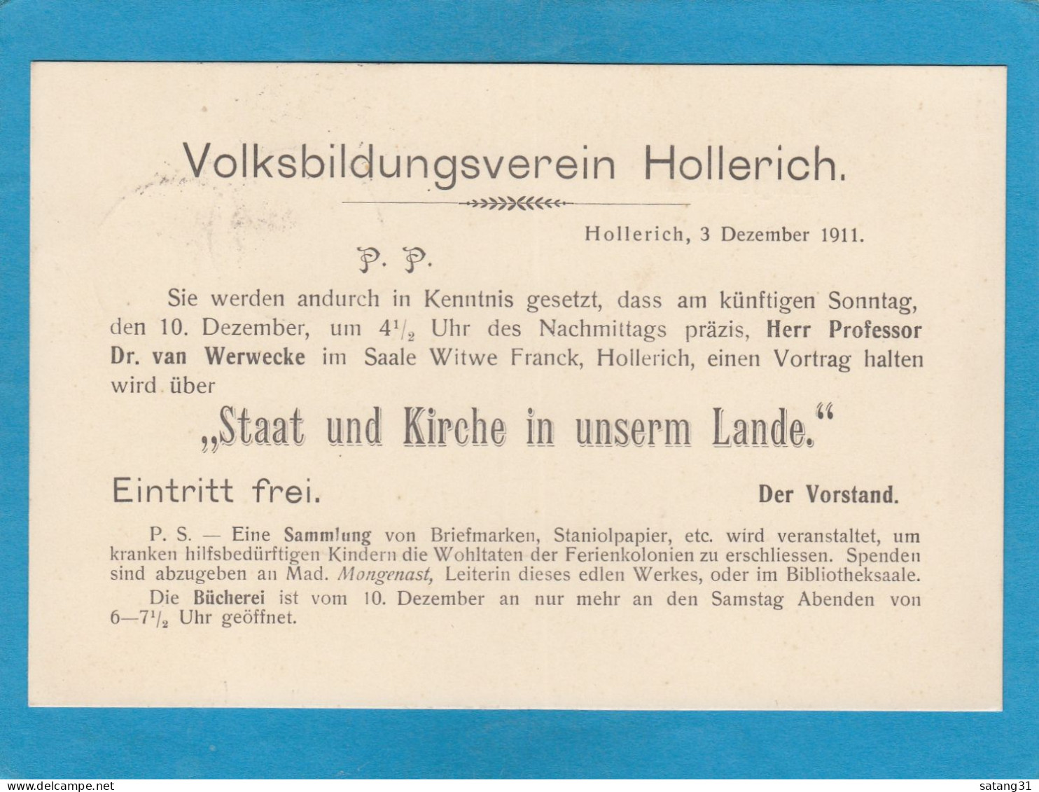 VOLKSBILDUNGSVEREIN HOLLERICH. POSTKARTE AUS LUXEMBURG NACH HOLLERICH,1911. - 1907-24 Ecusson