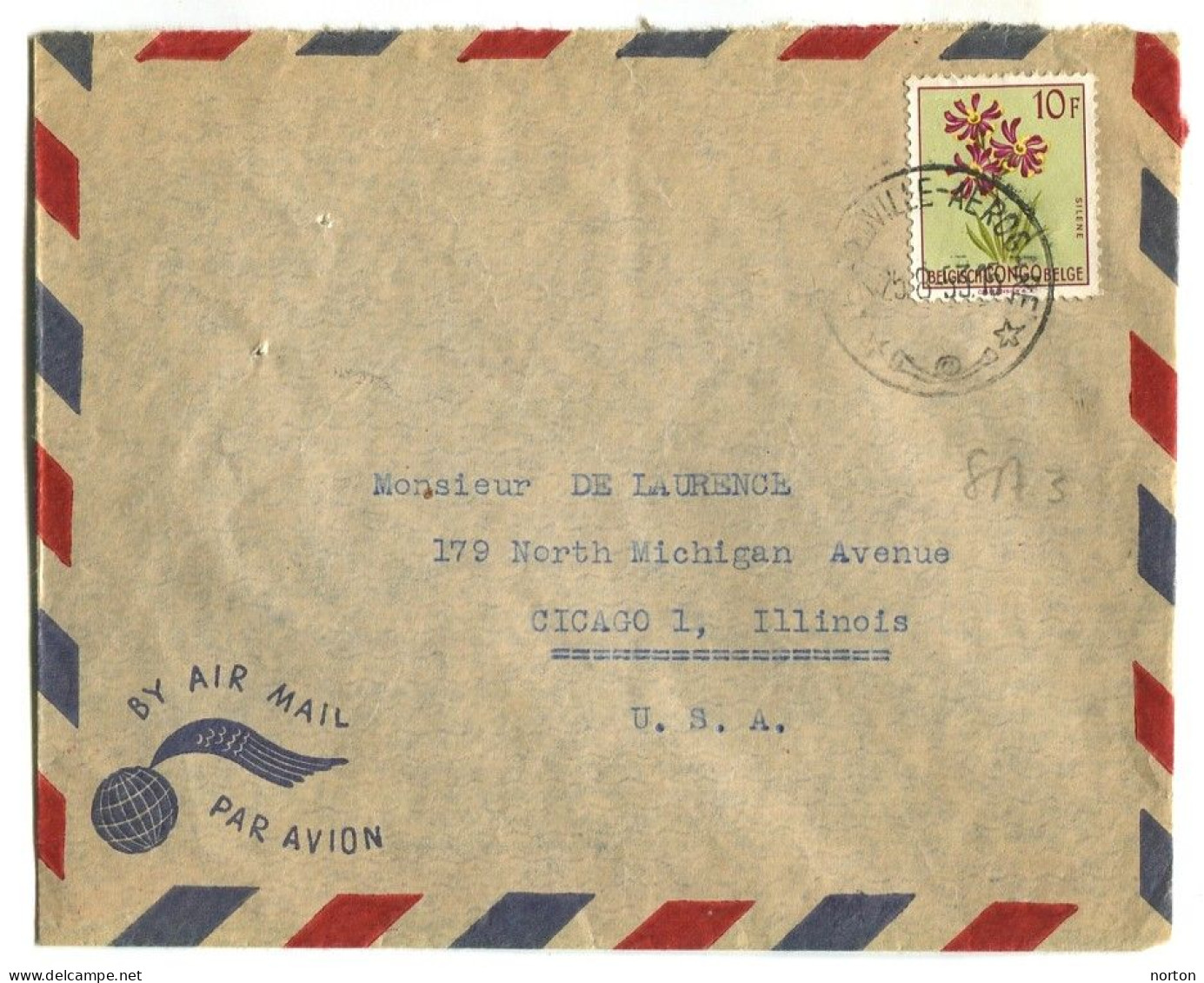 Congo Léopoldville Aérogare Oblit. Keach 8A3 Sur C.O.B. 320 Sur Lettre Vers Chicago Le 25/08/1953 - Cartas & Documentos